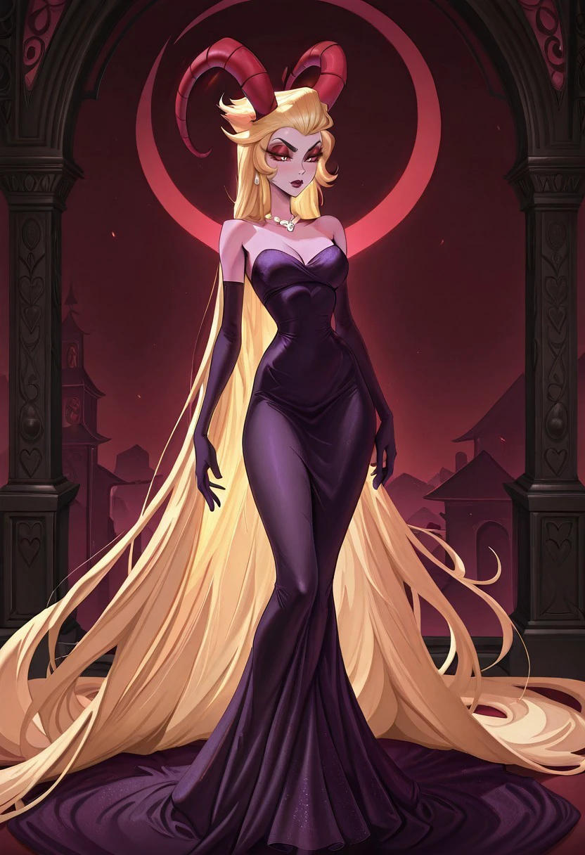 LORstyleIL-V1.0, masterpiece, best quality, newest, absurdres, highres, 1girl, Lilithh-Hazbin-IL-V1.0, LilithBaseOutfit, horns, red horns, very long hair, blonde, blonde hair, dress, necklace, colored skin, absurdly long hair,