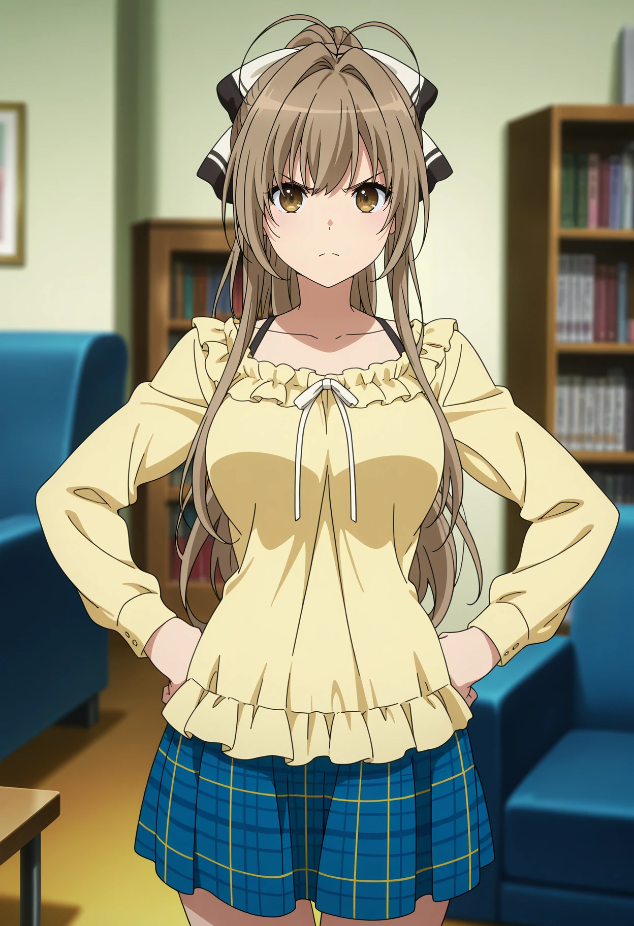 anime screencap, masterpiece, best quality,
<lora:AmagiBrilliantPark_SentoIsuzu_IlluXL:0.9>,
1girl, solo, closed mouth, angry,
long hair, ponytail, brown hair, antenna hair, hair intakes, brown eyes, hair bow,
SentoCasual2, frilled shirt, yellow shirt, long sleeves, blue skirt, plaid skirt,
standing, looking at viewer, thigh gap, hands on own hips,
blurry background, indoors, couch, bookshelf