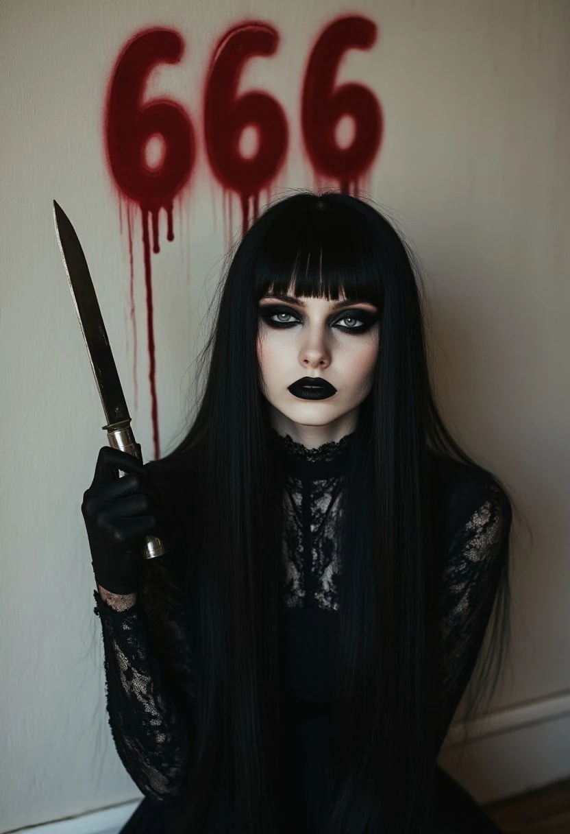 FictionalCrystal, a goth girl with heavy black eye makeup and black lipstick. holding a knife and looking scary. the numbers "666" on the wall in red dripping paint