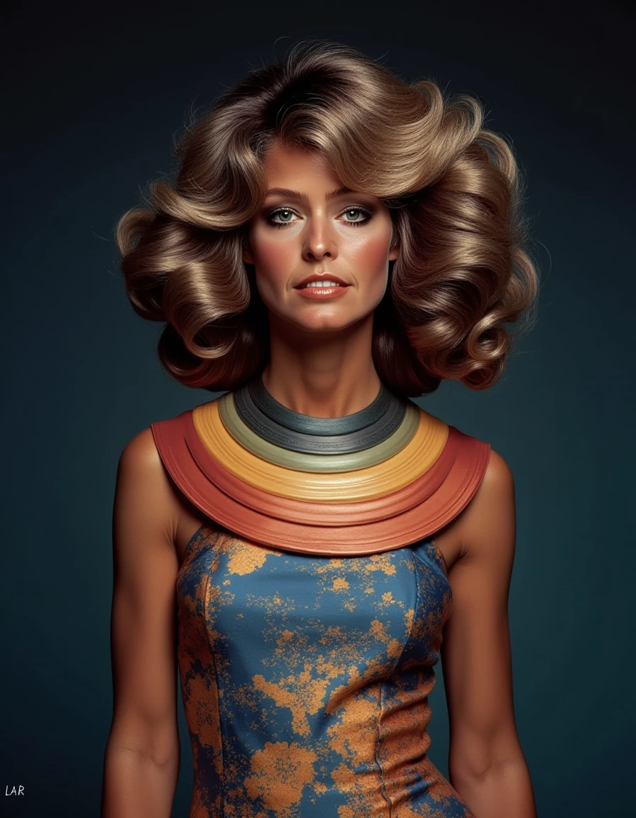 wearing a space dress with a collar that looks like the rings of saturn with different colored rings with elaborately curled hair <lora:farrah-fawcett-charlie-s-angels-flux:1>