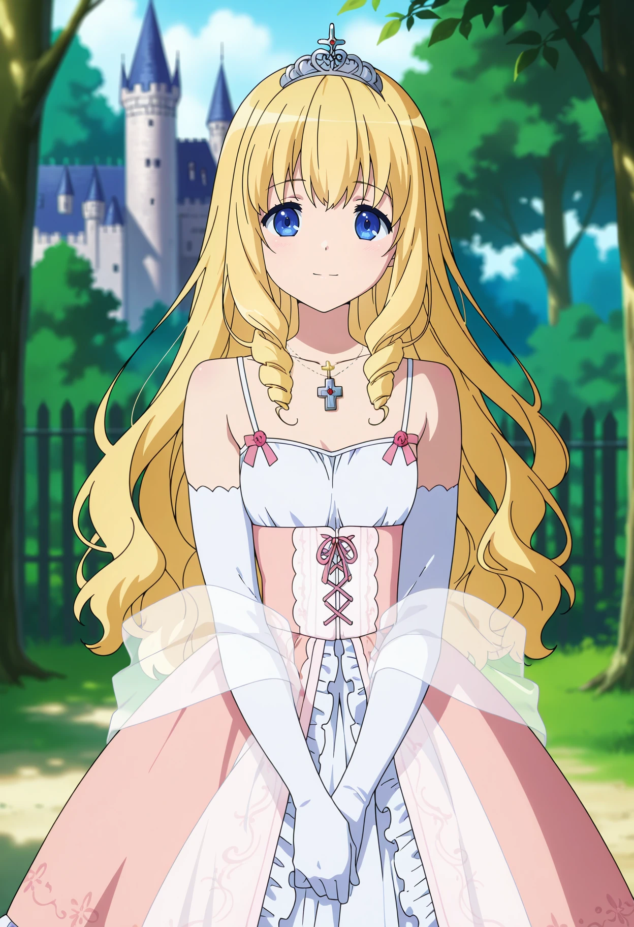 anime screencap, masterpiece, best quality,
<lora:AmagiBrilliantPark_LatifaFleuranza_IlluXL:0.9>,
1girl, solo, closed mouth, light smile, light blush,
drill hair, blonde hair, blue eyes,
LatifaDress, tiara, multicolored dress, frilled dress, pink dress, white dress, bare shoulders, corset, see-through shawl, elbow gloves, white gloves, cross necklace,
standing, looking at viewer, cowboy shot,
blurry background, outdoors, forest, castle, fence