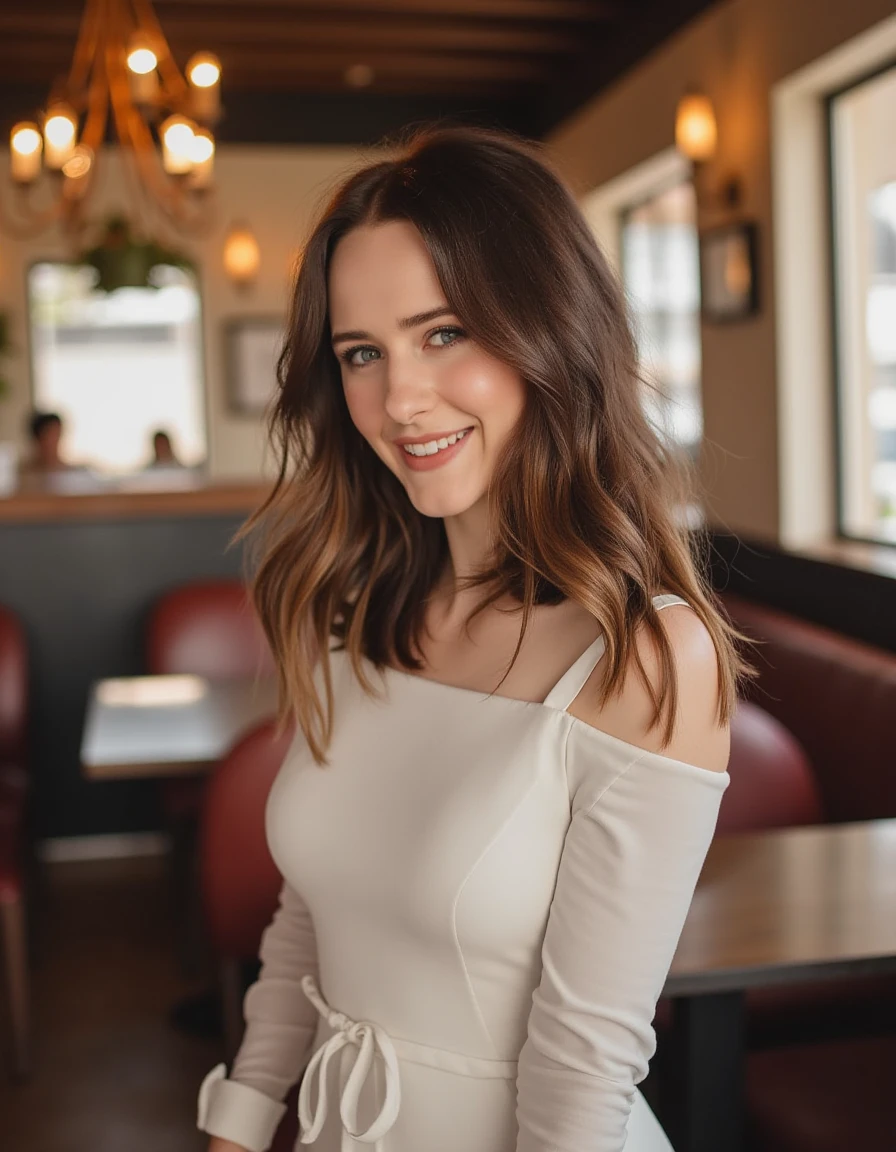 <lora:Rachel_Brosnahan_Flux:1>  This is a  beautiful photograph of a woman, Her hair cascades around her shoulders, framing her face. She is wearing a boatneck dress, Standing in a cafe. Looking at the viewer. Smile.