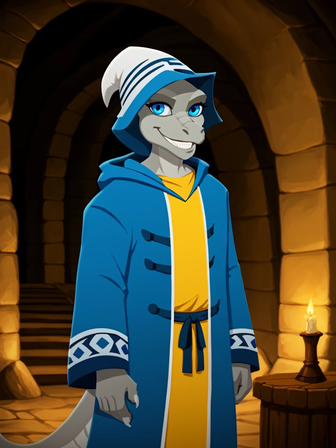 score_9, score_8_up, score_7_up, score_6_up, chaotart, chaotmnstr, solo, monster, no humans, colored skin, average height, grey skin, 1girl, hat, robe, hoodede robe, hood, furry, fluffy, blue eyes, tail, lizard tailindoors, tunnel, cave interior, smile, (portrait), detailed background, Hyperdetailed, Extreme Detail, 4K Resolution, Masterpiece, Best Quality <lora:Chaotic_Show_Artstyle_-_RealmRabbit:1.2>