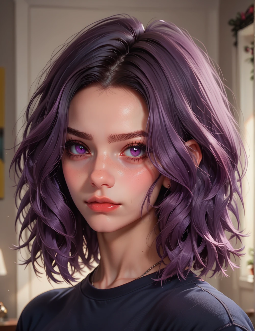 score_9, score_8_up, score_8, score_7_up, score_7,
Portrait of a beautiful girl, 25 years old, with dark purple hair, purple dark eyes, room, short black shirt, evil, gloomy,
<lora:topmodel:1>
<lora:julia_pony_final:1> juliaponyvf