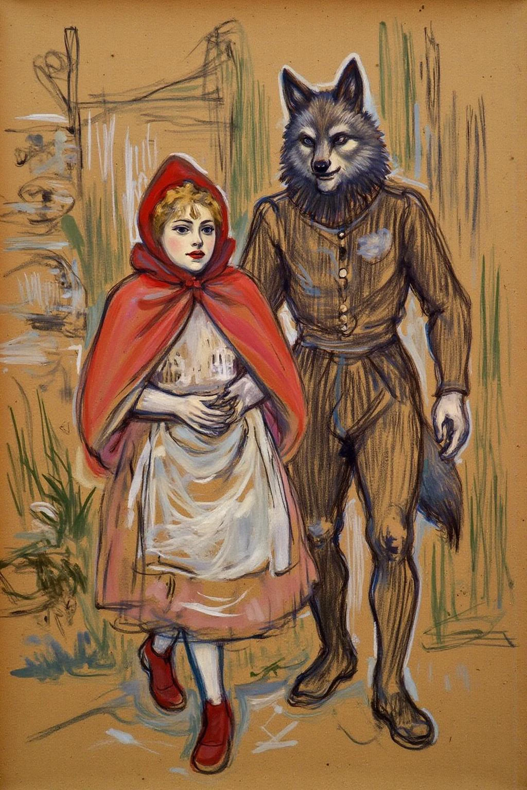 lautrec1 drawing created using charcoal and pastel on brown paper. 
Little Red Ridding Hood walkign along side the Big Bad Wolf.  <lora:lautrec3_cap_d6a3e11:1.0><lora:812918630879790052:0>