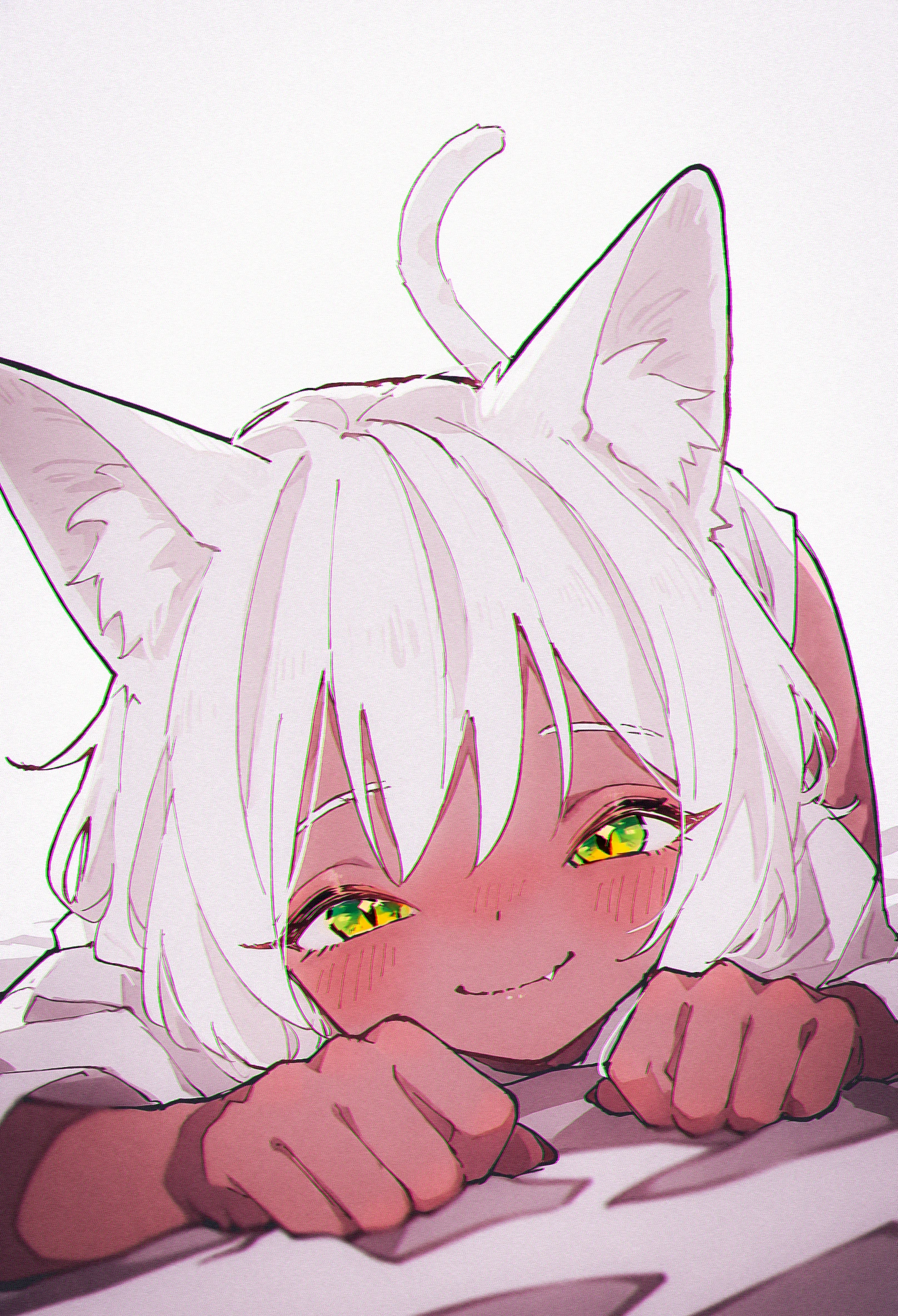 very awa, masterpiece, highres, absurdres, newest, year 2024, year 2023,
1girl, cat ears, leaning forward,  foreshortening, all fours, fang out, skin fang, blush, slit pupils, narrowed eyes, half-closed eyes, cat tail, happy, 
white hair, green eyes, dark skin, 
<lora:tsubura-noobxl:1.0> <lora:USNR STYLE_XL_lokr:0.3>  usnr  <lora:ponyv5_noobV065S_1_adamW:0.3> <lora:spo:1>