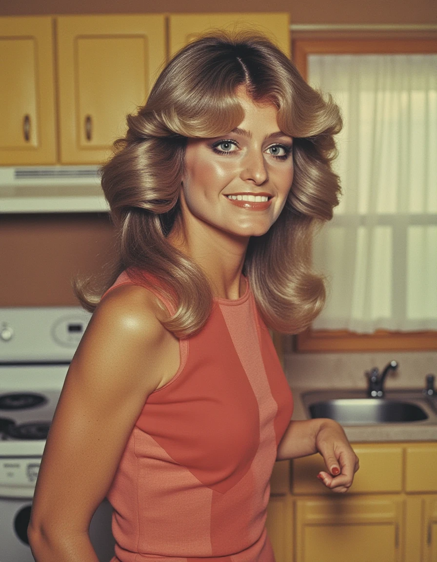 <lora:farrah-fawcett-charlie-s-angels-flux:1> a 70s woman is posing for a photo in a retro kitchen