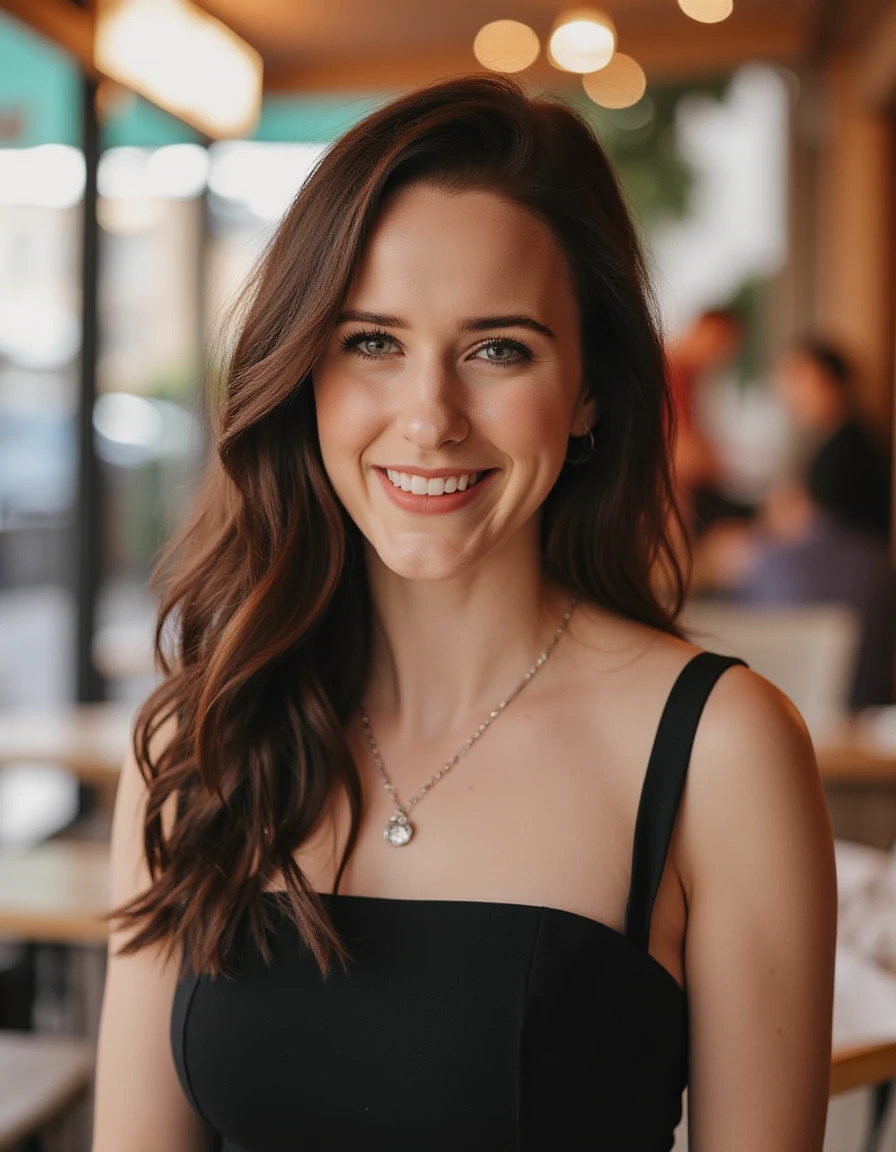 <lora:Rachel_Brosnahan_Flux:1>  This is a  beautiful photograph of a woman, Her hair cascades around her shoulders, framing her face. She is wearing a boatneck dress, Standing in a cafe. Looking at the viewer. Smile.