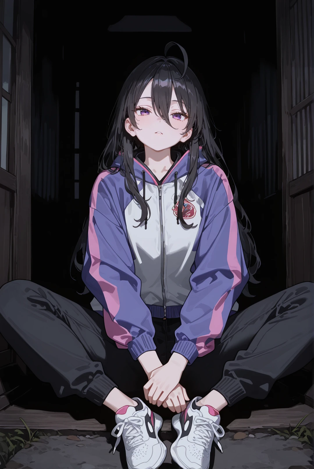 perfect quality,high quality,masterpiece,best quality,amazing quality,very aesthetic,Cinematic Lighting,newest,Tactical use of shadow,
straight-on,Medium shot,head_tilt,Contentment,
1girl,solo,long hair,black hair,hair between eyes,ahoge,purple eyes,AyanoKimishima Cyql,
yokozuwari,arm_grab,
Color-block windbreaker, joggers, dad sneakers,
<lora:748cmSDXL:0.5>,<lora:illustrious_quality_modifiers_masterpieces_v1:0.8>,<lora:EtherSDXL:0.5>,748cmstyle,EtherStyle,masterpiece,very aesthetic,n,<lora:detailer_v5:0.5>,detailerlora,,<lora:Ayano Kimishima_Illustrious by Cyql:1>,