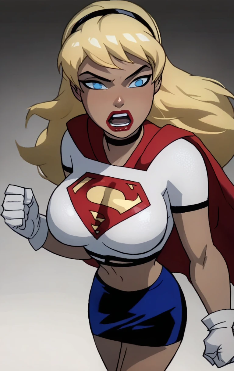 "0" :"Score_9, Score_8_up, Score_7_up,sup3rg1rl, 1girl, solo, open mouth, blue eyes, blonde hair, gloves, hairband, midriff, white gloves, cape, parody, clenched hand, superhero,skirt,((shinny skin,large breast 1:1.4))",



