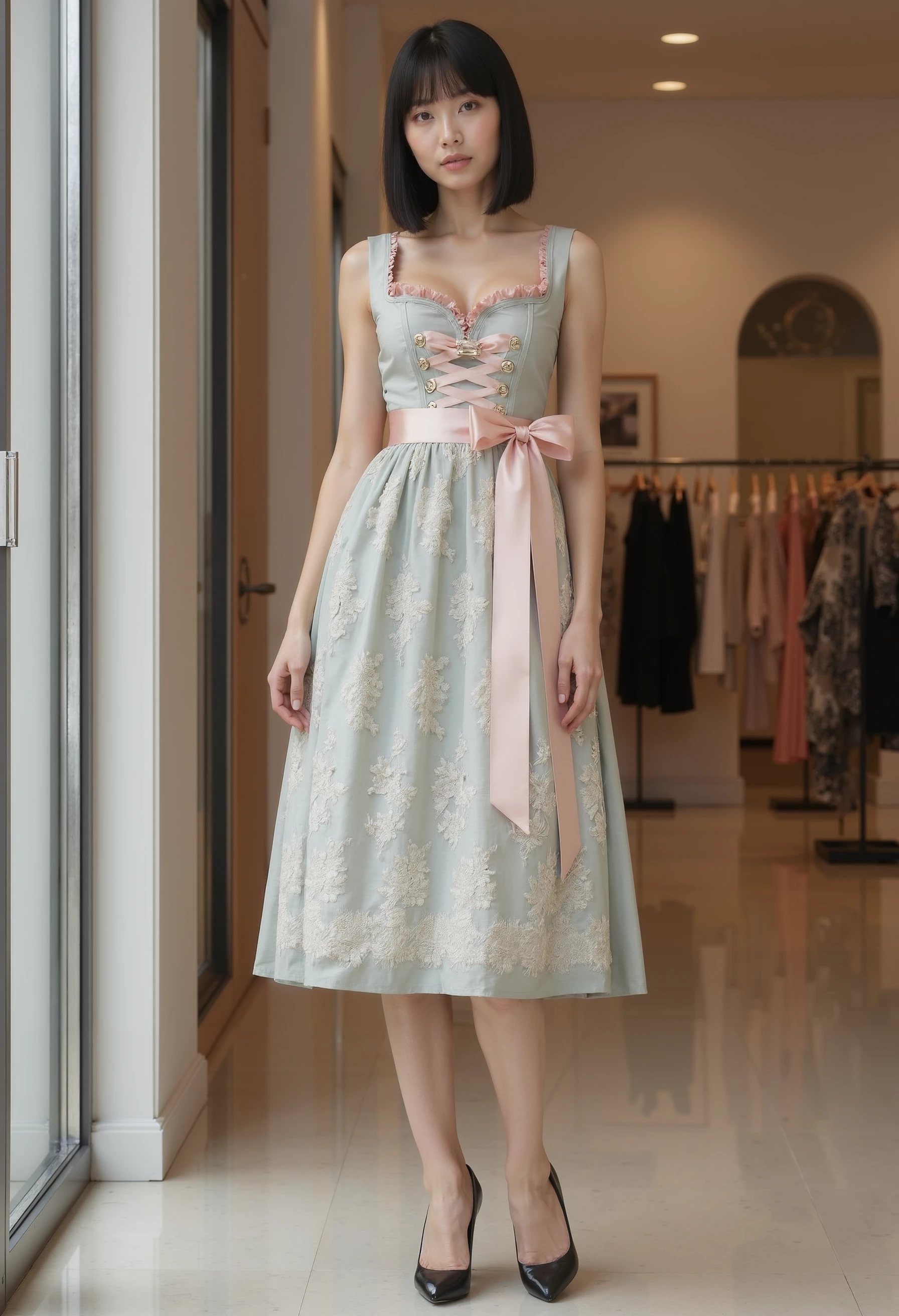 clo032, full body shot, beautiful young woman wearing A traditional dirndl dress in pale sage green with intricate floral lace embroidery on the skirt, a sleevless corset-style bodice with metallic hooks and a pink satin ribbon lace-up, finished with a pink ruffle neckline and sash bow. black high heels. posing in a fashion shop, black short hair