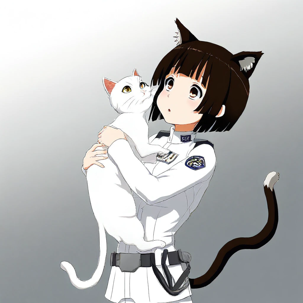 masterpiece, 1440p, 8k, UHD, amazing quality, high resolution, hoshijiro-shizuka, 1girl, solo, short hair, brown eyes, white uniform, cat ears, cat tail, catgirl, meow , gradient background