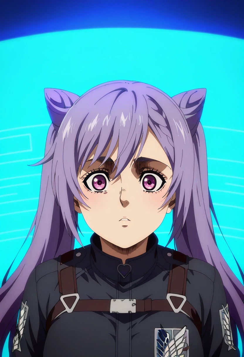 masterpiece, best quality, anime screencap, anime coloring, official style, intricate details, , 1girl, keqing, purple hair, purple eyes, twintails, solo, quantum lab, holographic displays, energy fields, floating data, analyzing pose, focused expression, blue lighting, <lora:shingeki_no_kyojin_s4_style_ilxl:1>, shingeki_no_kyojin_s4_style