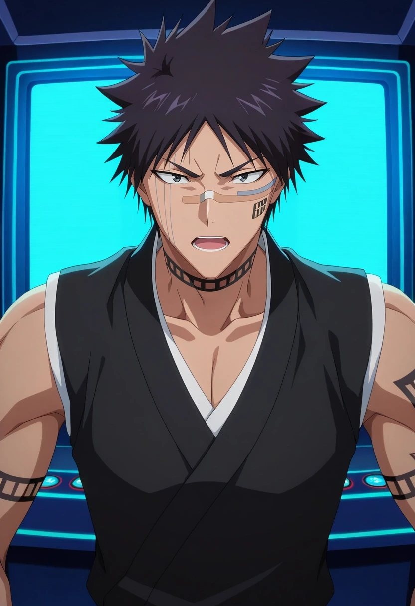 masterpiece, best quality, , anime screencap, anime coloring, , looking at viewer, 1boy, solo, male focus, <lora:shuuhei_hisagi_ilxl:0.98>, shuuhei_hisagi, black hair, black eyes, short hair, spiked hair, tattoo, facial mark, bandaid on nose, scar on face, japanese clothes, sleeveless, , nighttime arcade, flashing machines, glowing screens, excited players, gaming pose, focused expression, vibrant energy, ,