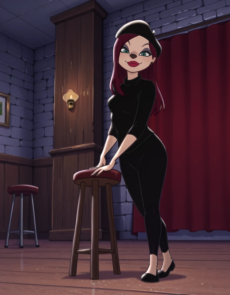 beretgirl, 1girl, long hair, beret, solo, purple hair, makeup, lipstick, black shirt, black pants, standing, green eyes, looking at viewer, score_9, score_8_up, score_7_up, score_6_up, score_5_up, score_4_up, looking at viewer,eiffel tower,city, (( 5 toes, black toes nails, tied ankles together , tied arms , Focus full body, with no shoes, sit on a chair))), , hair over one eye,