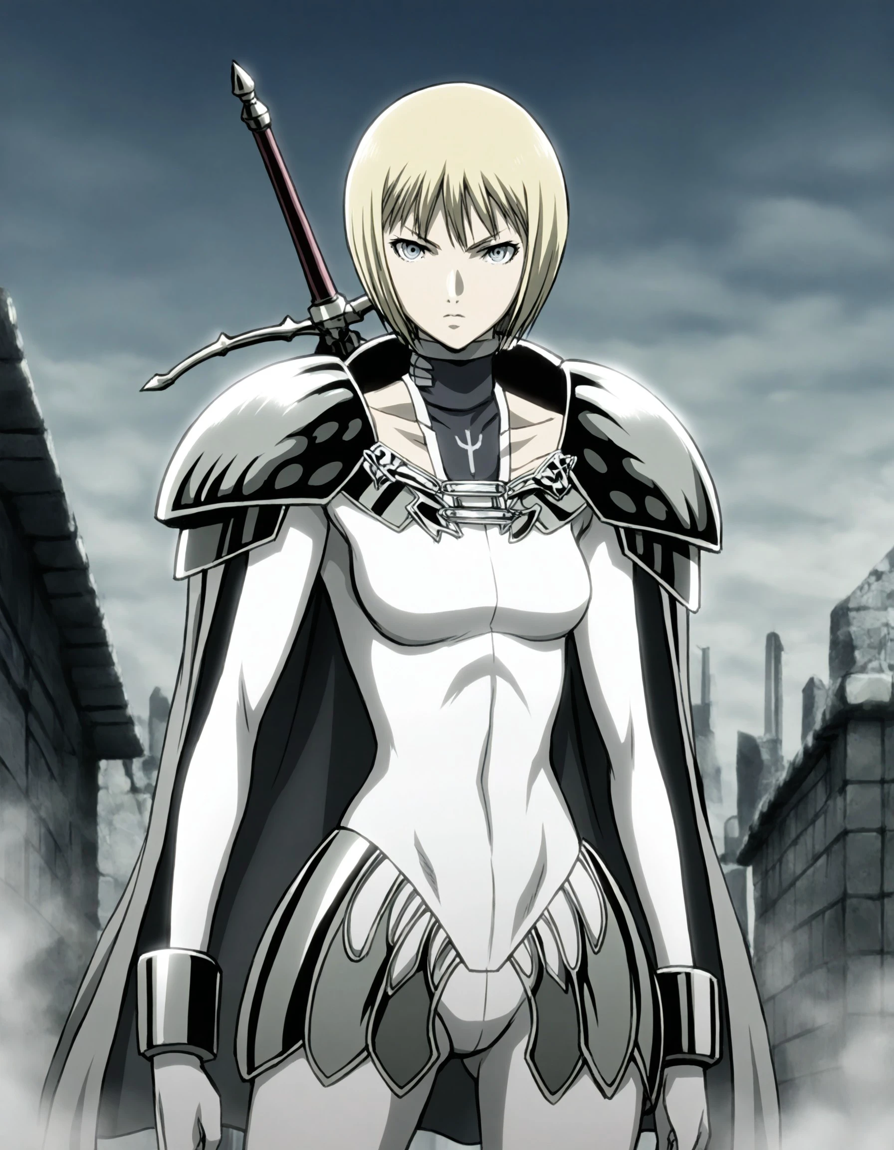 Solo, Clare, Short hair, Blonde hair, Blunt bangs, Grey eyes, White bodysuit, Pauldrons, Cape, white gloves, cuffs, Lower armour, collarbone, (insignia), sword on back, serious, stone buildings, smoke, mist, cloudy, fantasy city, detailed background, cloudy night, looking at viewer, best quality, masterpiece, 