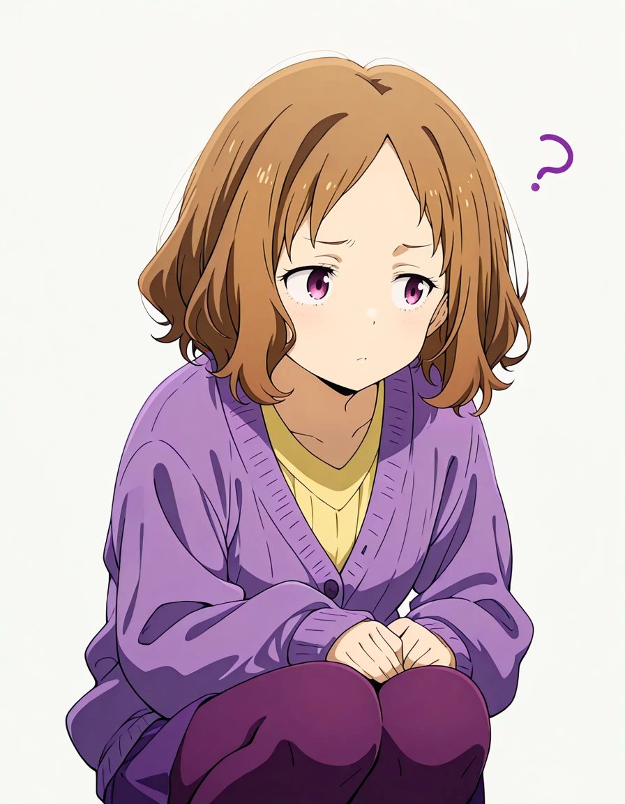 1girl, standing, looking away, facing viewer, confused, squatting, legs together,  
amanatsu sensei, brown hair, purple eyes, short hair, parted bangs, purple cardigan, yellow shirt, long sleeves, purple skirt, purple pantyhose, 
white background, simple background, 
masterpiece, best quality, anime coloring, [flat color:0.4], official art, thin outline,  
<lora:amanatsu_sensei_Illustrious-XL-v0.1_came_720_v1.0:1>