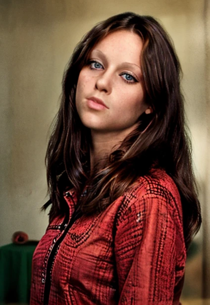 1 girl, solo, robped, long hair, portrait, green eyes, brown hair, detailed face, closeup, red shirt