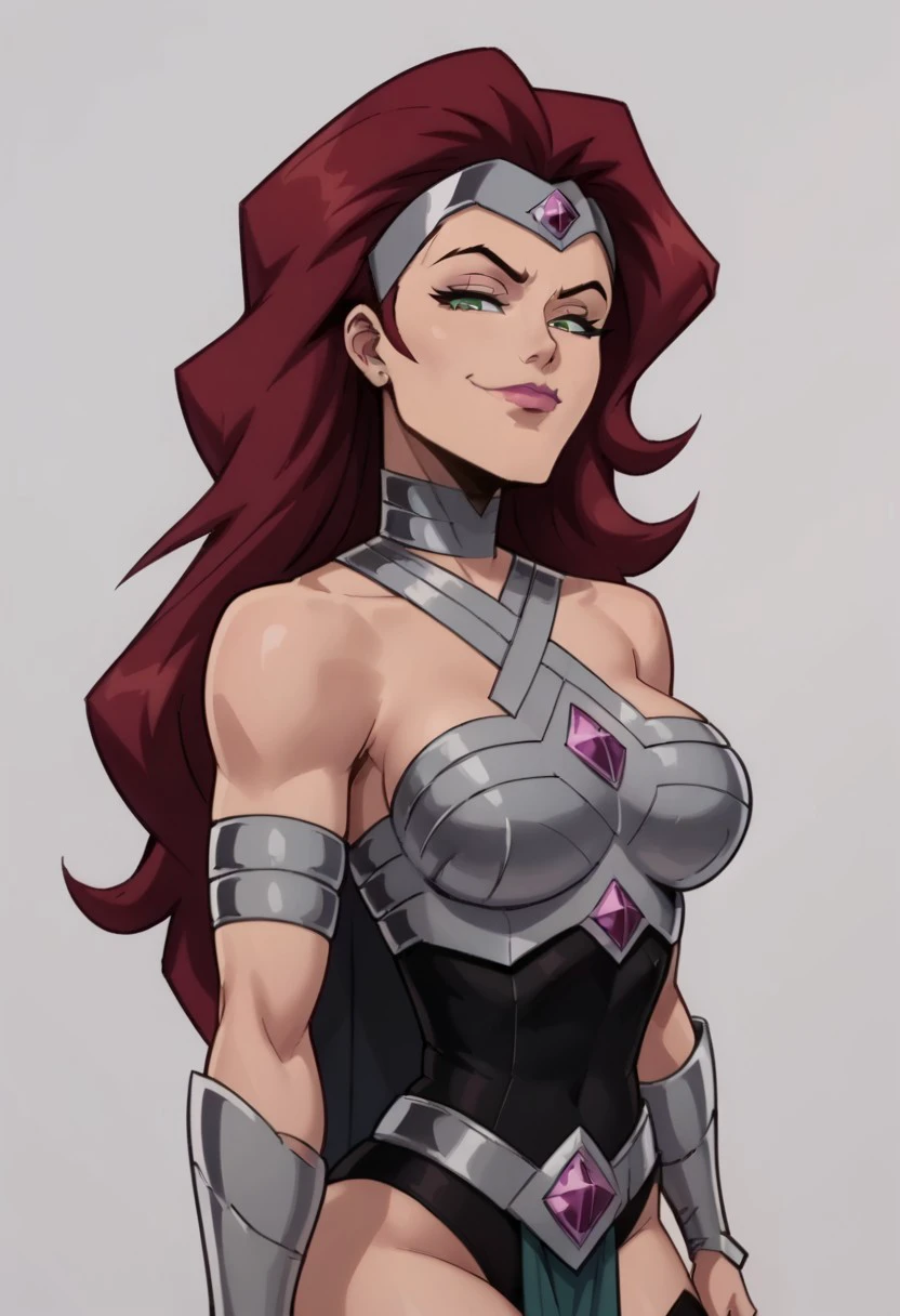 simple background, solid color background, white background, 2d, 1girl, masterpiece, best quality, extreme detail, hourglass figure, wide hips, round boobs, medium breasts, mature female, 2d, solo, 1girl, Circe, red hair, long hair, headgear, green eyes, pink lips, armor, silver armor, vambraces, armlets, purple gems, leotard, black leotard, crotch curtain, black loin cloth, cape, black cape, bare shoulders, thigh highs, bare thighs, bare hands, pink fingernails,
 close up, upper body, side view, bubble butt, looking at viewer, bent forward, smug expression, smirk, closed mouth,