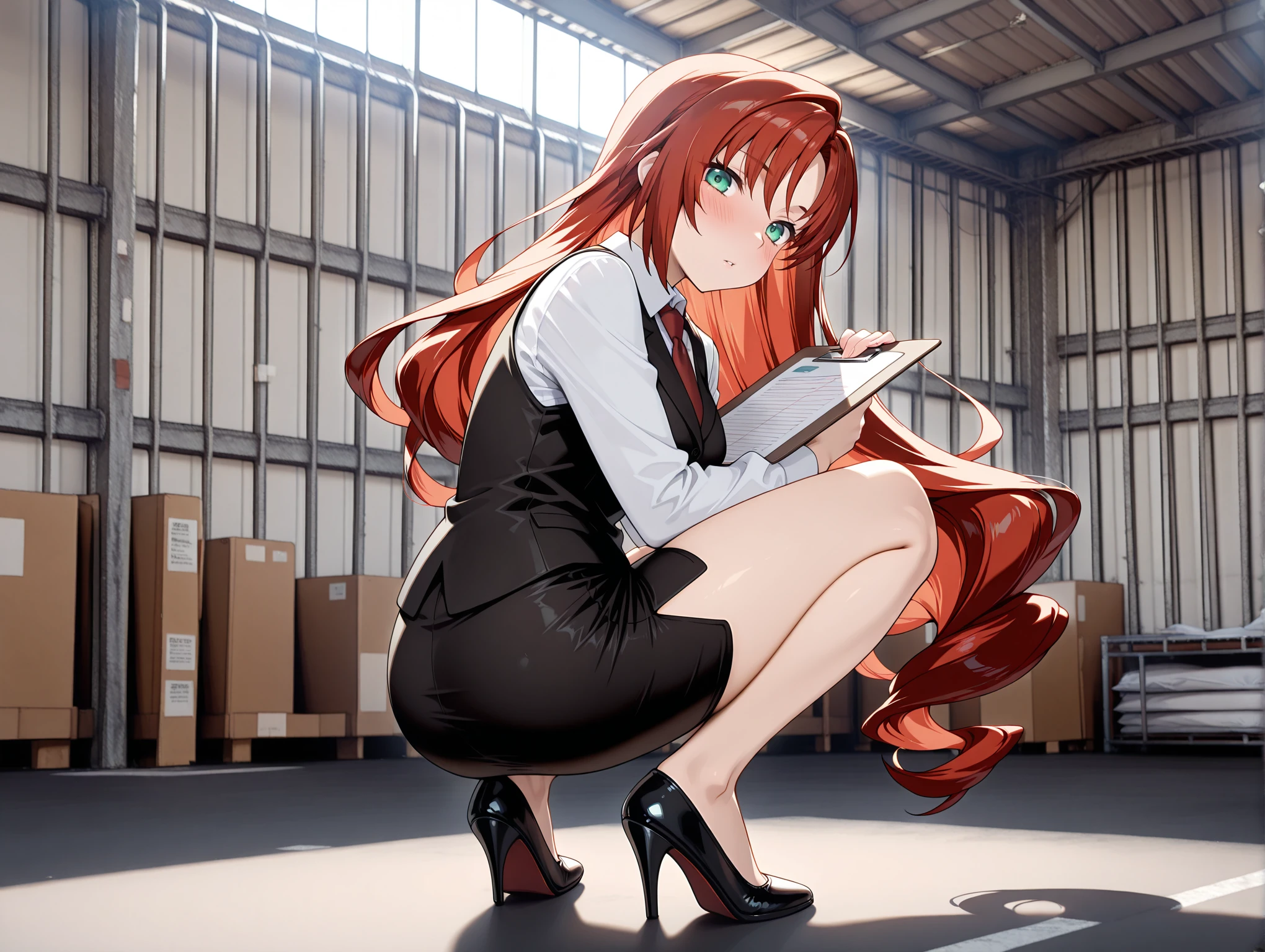 masterpiece,best quality,amazing quality,
solo,1girl,
<lora:elenoa_ilxl_v2.4:0.8>,elenoa,red hair,very long hair,green eyes,red necktie,long sleeves,white shirt,collared shirt,black vest,pencil skirt,side slit,high_heels,holding clipboard,
<lora:warehouse01_ilxl_v1.2:1>,warehouse02,<lora:Fixhands_anime_bdsqlsz_V1:1>,looking_at_viewer,looking_back,panorama,back,blush,squatting,convenient_leg,foreshortening,