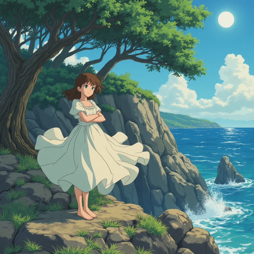  Young woman with vivid green eyes stands confidently on a sun-drenched, windy cliff, her gaze fixed upon the gentle sea below. Her arms are folded across her chest, protecting herself from the cool breeze that whips around her. The long, flowing gown she wears is of a delicate fabric, billowing dramatically in the wind, exposing glimpses of her slender legs as it flutters wildly about her. Behind her, trees sway and bend gracefully under the relentless force of the gusts, their leaves rustling softly. The cliff she stands on is a rugged blend of various gray and brown rocks, jutting out into the vast blue sea like a monument to nature's raw power. The sun hangs high in the sky, casting a warm glow over everything, while the wind carries with it the fresh scent of saltwater and earth.