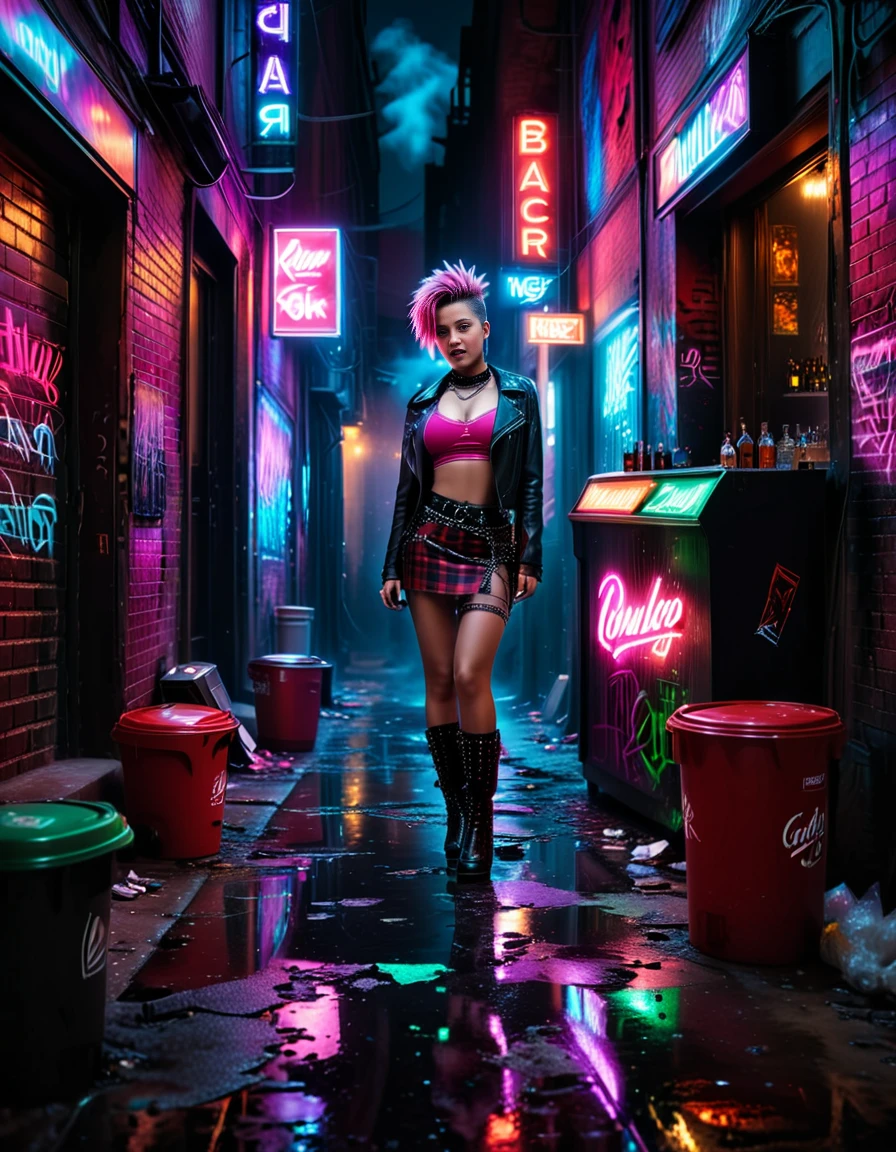 A young woman dressed in punk style standing confidently in a gritty alleyway,all3yway behind a strip club. She wears a leather jacket adorned with spikes, a ripped band T-shirt,a red bra, a plaid skirt with chains, fishnet stockings, and combat boots,a bdsm choker. Her hair is styled in a bold mohawk dyed in vibrant colors like pink and green. Her expression is fierce and rebellious, with smudged dark eyeliner emphasizing her bold look. The alleyway is dimly lit with neon signs casting reflections on wet pavement. Trash bins, graffiti-covered walls, and a faint purple glow from a backdoor light add to the atmosphere. A hint of smoke lingers in the air, completing the urban, edgy vibe of the scene.<lora:SDXLFaeTastic2400:0.4> <lora:extremely_detailed:0.4> extremely detailed, <lora:all3yway:1>, Masterpiece,best quality,hi res,8k,hi res,8k,award winning,(sharp focus, intricate, highly detailed),