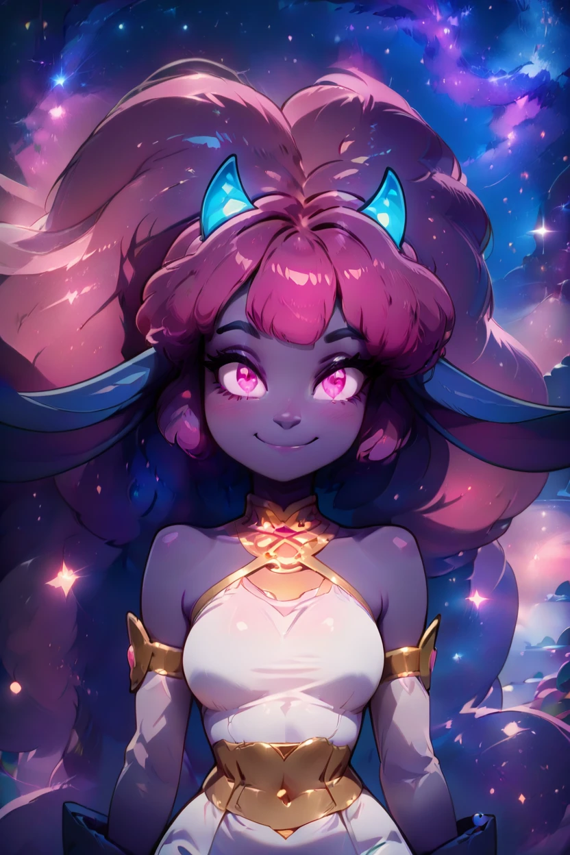 masterpiece, best quality, solo, curvy, beautiful eyes,,<lora:DaedreamCitronOCIXL:1.0>, zzDaedreamCitronOC, zzDaedream, long floating hair, big hair, purple skin, 1girl, blue horns, glowing pink hair, starry sky, glowing, pink eyes, gradient hair, purple hair, starry hair, animal ears, long ears, white dress, upper body, smile, looking at viewer, shiny skin,<lora:RealisticAnimeIXL_v2:1.0>, shiny skin, bokeh, luminescent background,