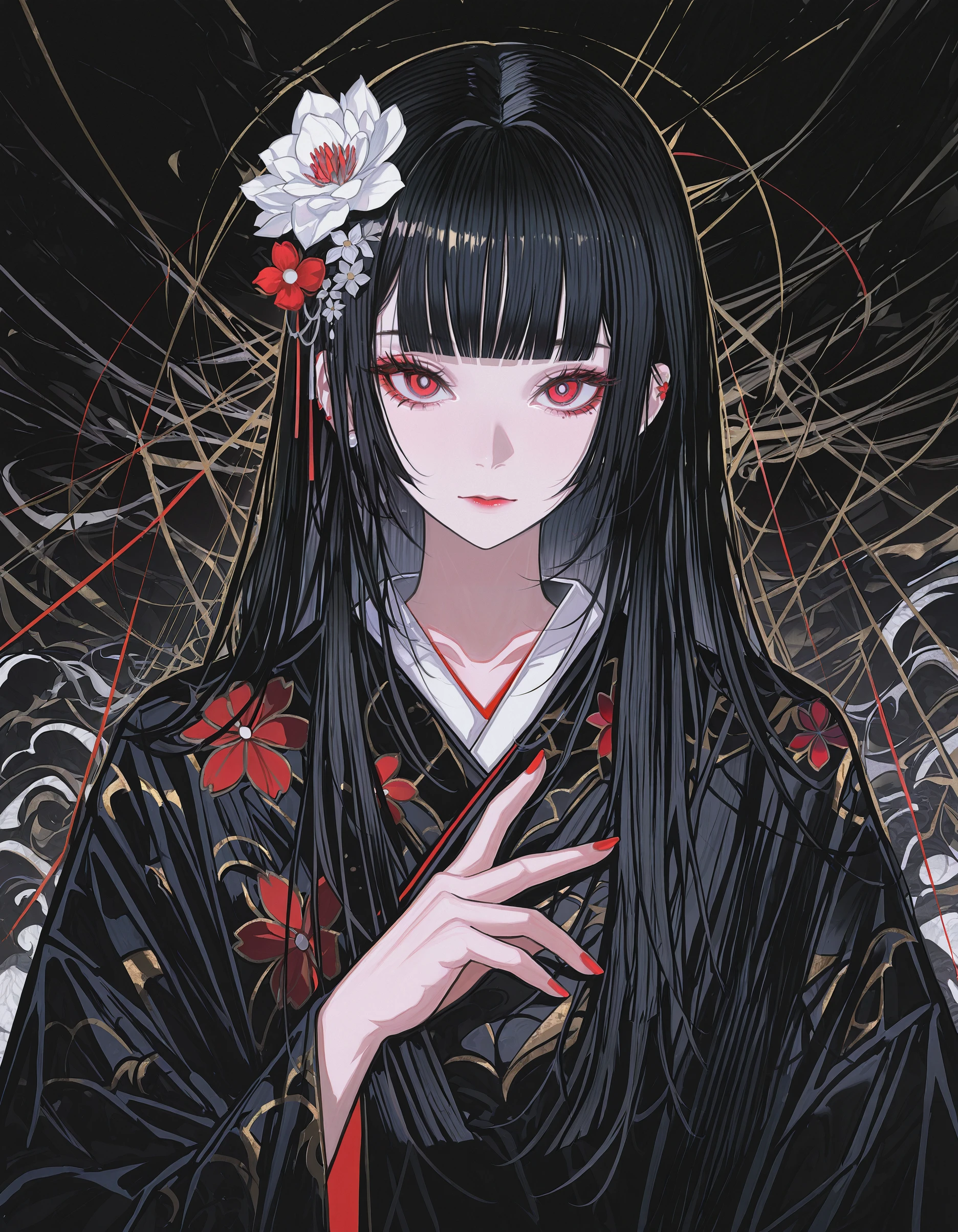 masterpiece, best quality, absurdres, <lora:kafka02_illu:1>, kafka02_illu, abstract, 1girl, solo, red eyes, long hair, red nails, bangs, nail polish, black hair, looking at viewer, flower, hair ornament, blunt bangs, upper body, hair flower