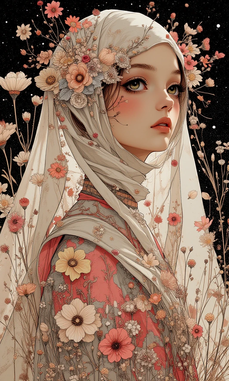 A detailed fantasy art drawing, in the style of Anna Dittmann, depicts a woman with a veil and flowers in her hair, surrounded by tall flowers and grass. The background features a craquelure texture. The color palette is a black, pink, and white gradient. The artwork is a detailed drawing with a decoupage effect. --ar 9:16 --style fantasy art, detailed, Anna Dittmann, drawing, decoupage, craquelure, black, pink, white, beautiful, detailed, intricate, elegant, highly enhanced, dramatic light, sharp focus, illuminated background, divine, scenic, professional, artistic, attractive, pretty, cute, perfect, innocent, balanced colors, best, romantic, futuristic, stunning, magical, pure, wonderful, delicate, creative, positive, unique, flowing, color, shiny,