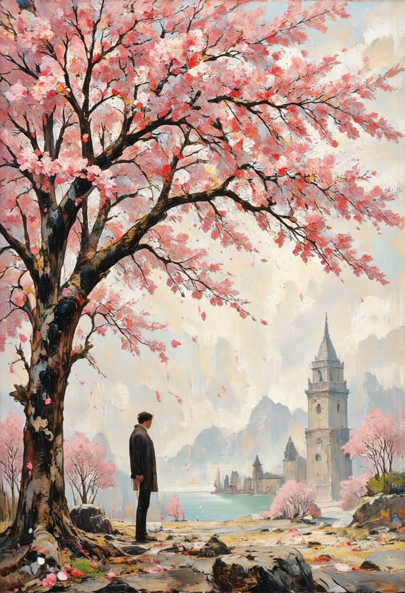 A distant figure standing under a cherry blossom tree as petals fall, Seasonal Melancholy, in memadukan_painter art style, <lora:Memadukan_Brush_Strokes_of_Fineart:1.0>