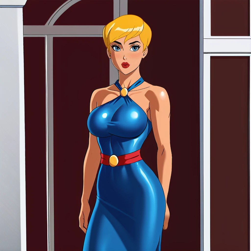 <lora:powergirlpublicenemies_pony_v1:.65> PowerGirlPublicEnemies, 1girl, blonde hair, large breasts, short hair, blue eyes, lipstick, makeup, lips,dark skin, cowboy shot,  <lora:0932 Home wear 9_v1_pony:1> ruanyi0932,blue dress,halter dress,sleeveless,cowboy shot,taut dress,skin tight,long dress