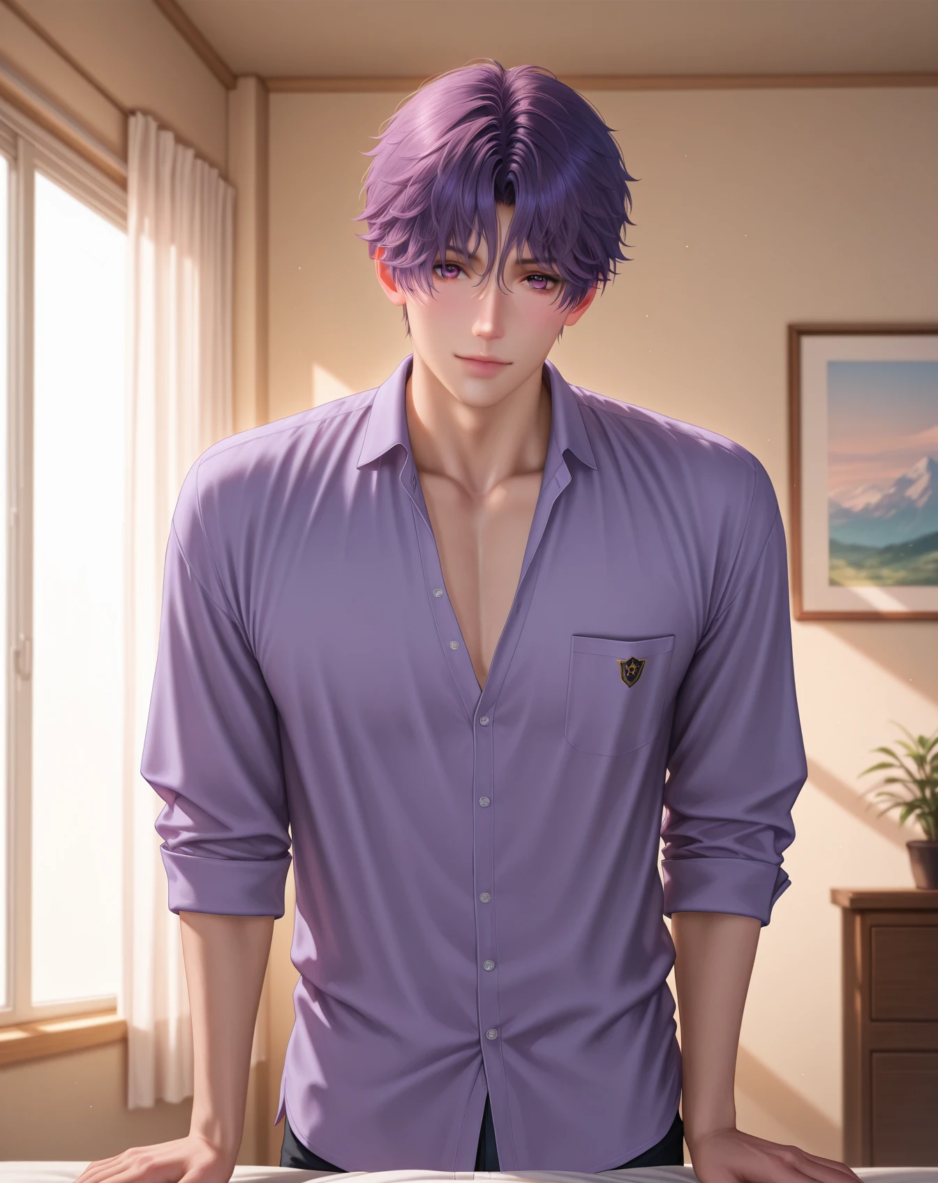 masterpiece, best quality, absurdres, very aesthetic, 
1boy, solo, yaoi, male focus, realistic, 
looking at viewer, cowboy shot, facing viewer,
 <lora:Rafayel_LnDS:1> lndsrafayel, purple hair, purple eyes, short hair, hair between eyes, 
indoors,