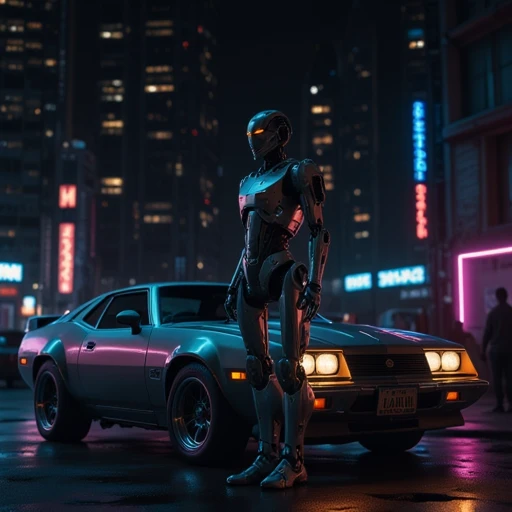 humanoid robot standing in a neon-lit cityscape at night. The robot, likely a concept or custom vehicle, and a license plate reading "KAZA., futuristic design, likely a concept car, specifically a 1971 Plymouth Barracuda, neon-lit cityscape at night. The focal point is a sleek, gazing off to the left., with its headlights and taillights glowing warmly. The vehicle's sleek, with a hint of determination.