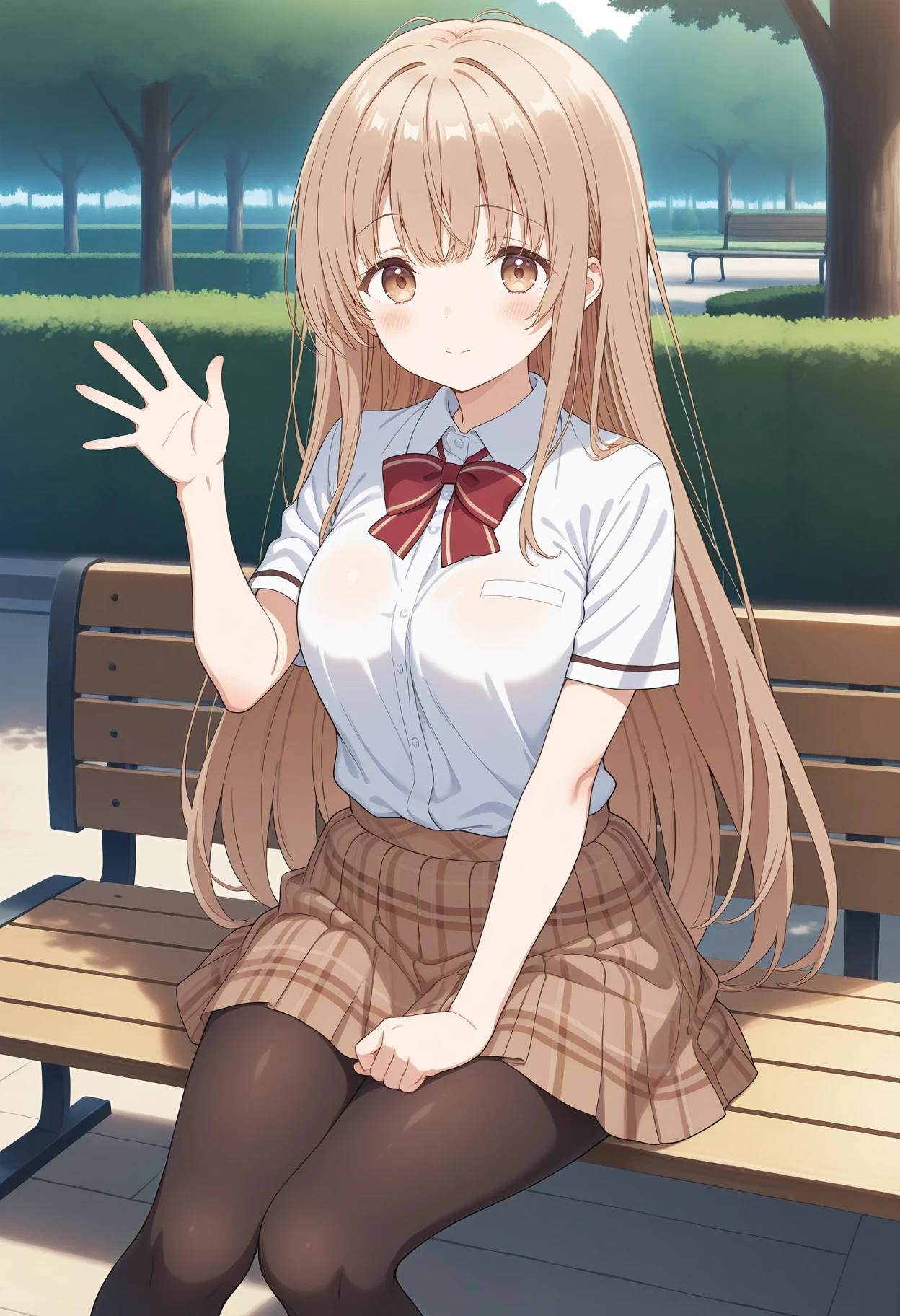 1girl, aamahiru, long hair, brown hair, brown eyes, breasts, school uniform, red bowtie, collared shirt, white shirt, short sleeves, plaid skirt, brown skirt, black pantyhose, <lora:shiina_mahiru_ilxl_v1:0.9>, solo, park, bench, sitting, waving, looking at viewer,
masterpiece, best quality, amazing quality,