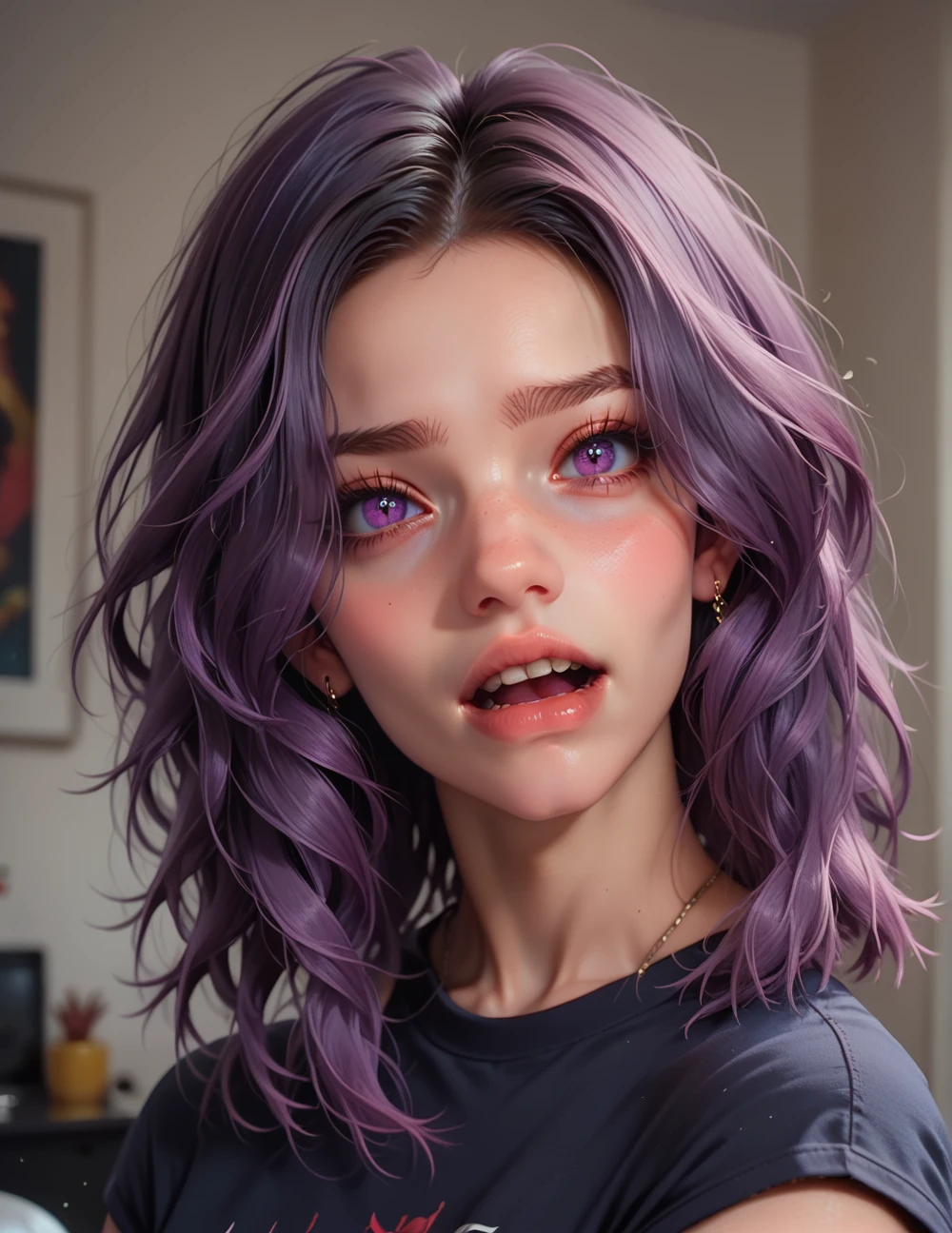 score_9, score_8_up, score_8, score_7_up, score_7,
Portrait of a beautiful girl, 25 years old, with dark purple hair, purple dark eyes, room, short black shirt, screams,
<lora:topmodel:1>
<lora:julia_pony_final:1> juliaponyvf