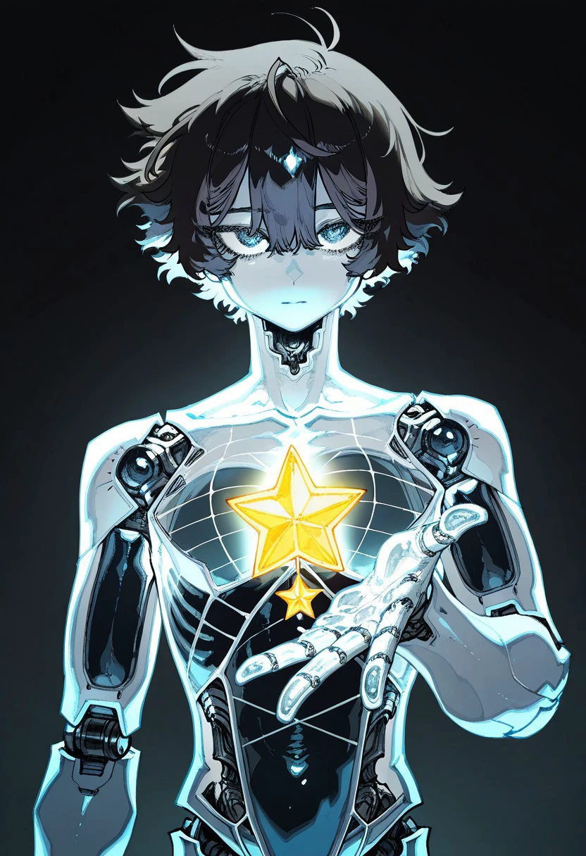 1boy, short black hair , optical illusion, ssambatea, quasarcake, Fishine, negative space, see-through_body ,made of, tiny neon glass filaments, w0gf1l, Android, star, solo, glass skin, made of glass,neon light, detailed background, hand out frame,
,masterpiece,best quality,amazing quality, freebos_smoothiestyle