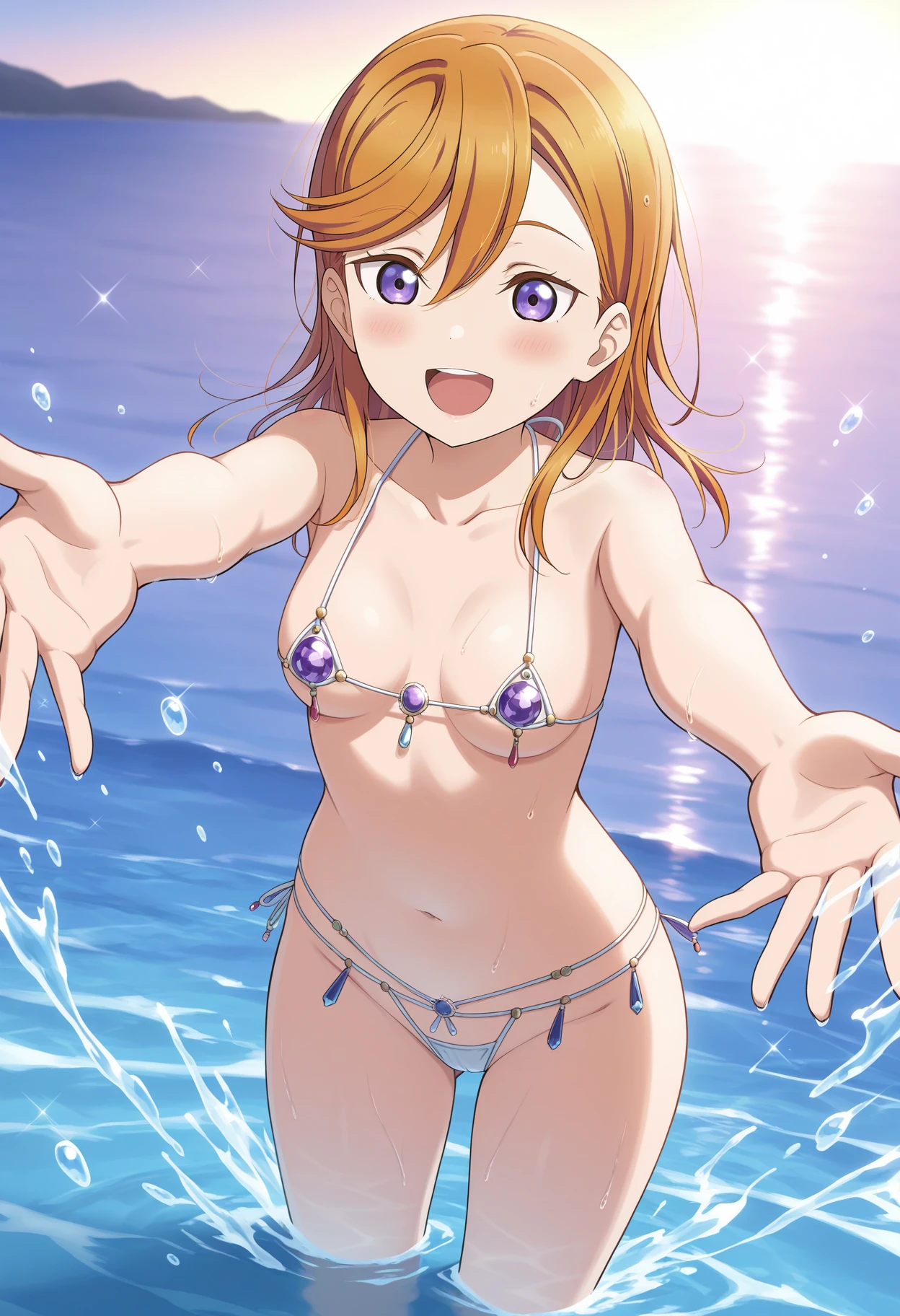 venus bikini, 1girl, micro bikini, collarbone, jewelry, gemstone, <lora:venus_bikini_ilxl_1:0.9>, standing, cowboy shot, partially submerged, reaching, smile, open mouth, ocean, splashing, 
shibuya kanon , love live! superstar!!, official art, 
masterpiece, best quality, amazing quality,