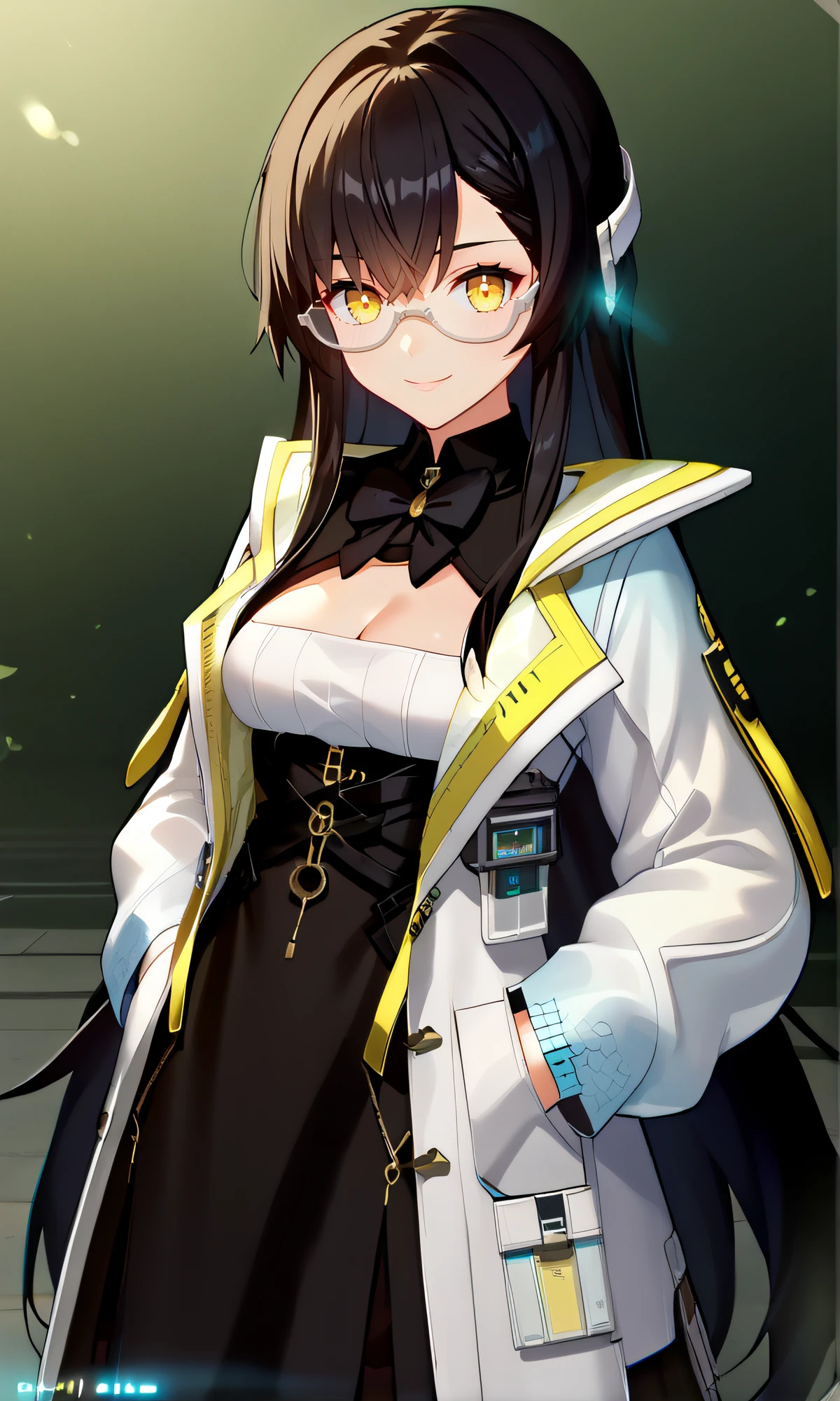 score_9, score_8_up, score_7_up, source_anime, rating_safe, intricate details, anime screencap, official style, anime coloring, 1girl, solo, <lora:Heimdall:1>, heimdall, black hair, long hair, yellow eyes, glasses, dress, cleavage cutout, black collar, medium breasts, black bowtie, white coat, black pantyhose, looking at viewer, cowboy shot, smile, hands on pockets