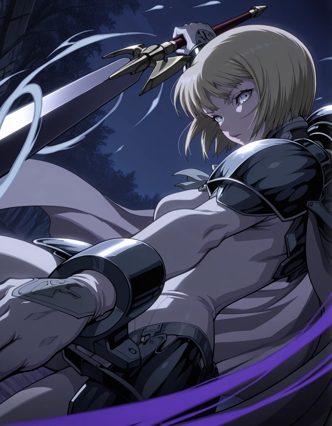 Solo, from side, Clare, Short hair, Blonde hair, Blunt bangs, White bodysuit, Pauldrons, Cape, white gloves, cuffs, Lower armour, grey eyes, armoured footwear, (detailed eyes), insignia, Dutch angle, dynamic pose, holding 1 sword, fighting, outdoors, striking towards viewer, foreshortening, epic, light blue aura, night, moonlight, looking at viewer, epic, purple blood, purple blood splatter, best quality, masterpiece