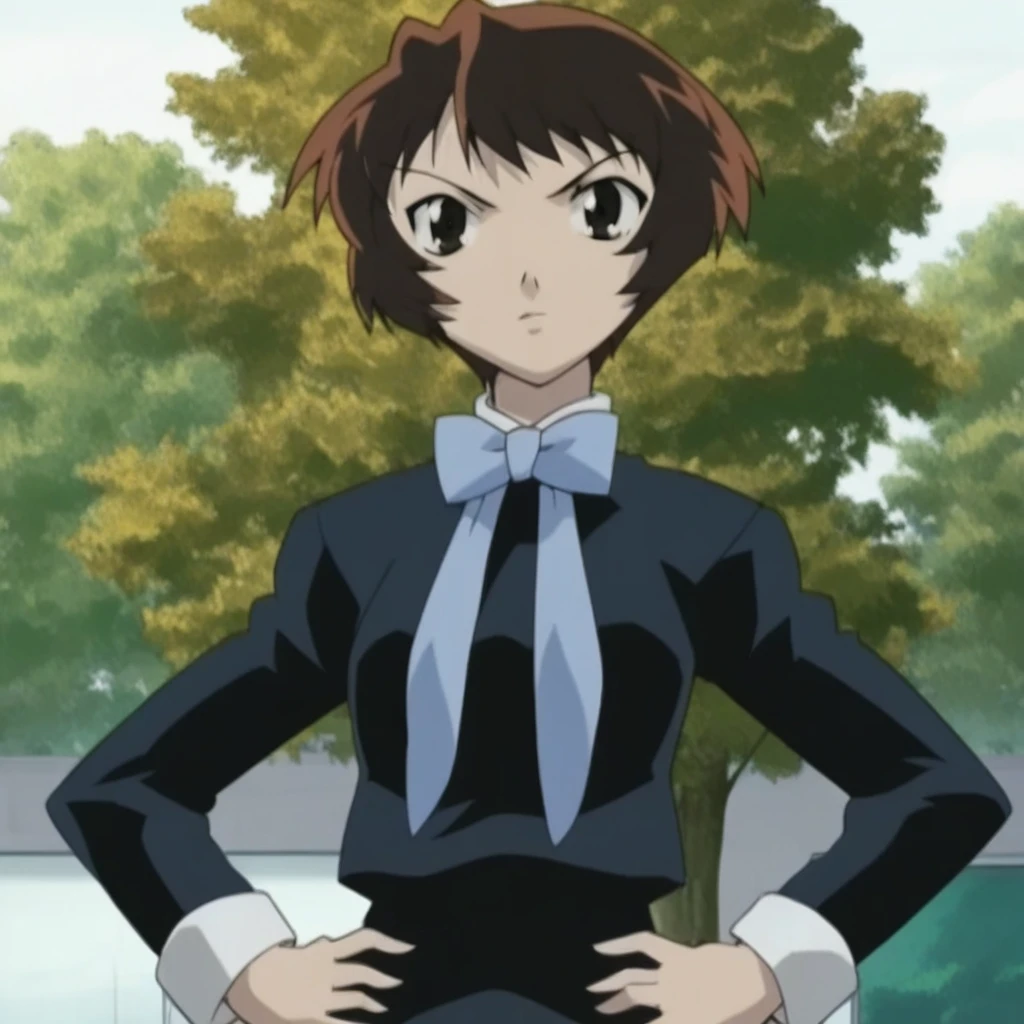 masterpiece, best quality, solo, takako_nh, short hair, brown hair, school uniform, bowtie, hands on hips, looking at viewer, trees