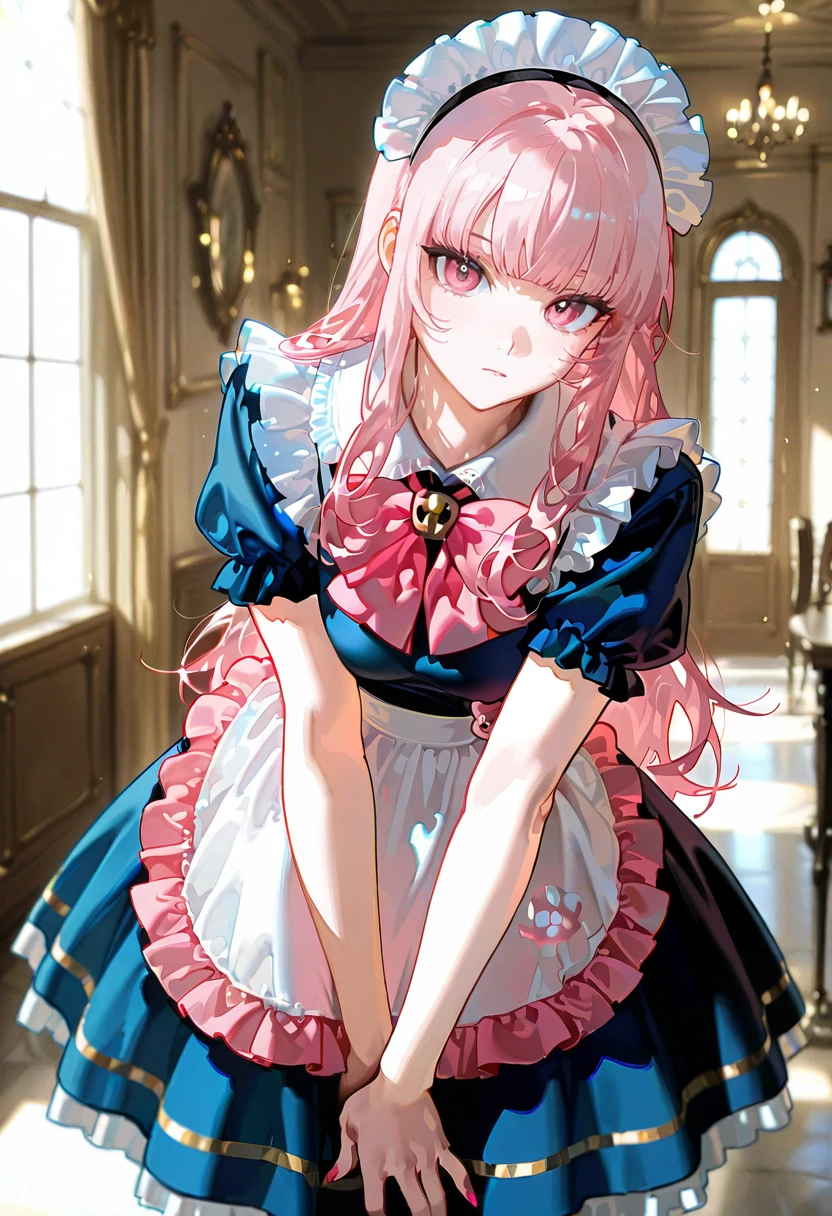 1girl,solo,looking at viewer, echo (circa),maid, 1girl, maid headdress, apron, blue dress, frills, short sleeves, pink bow, mori_calliope