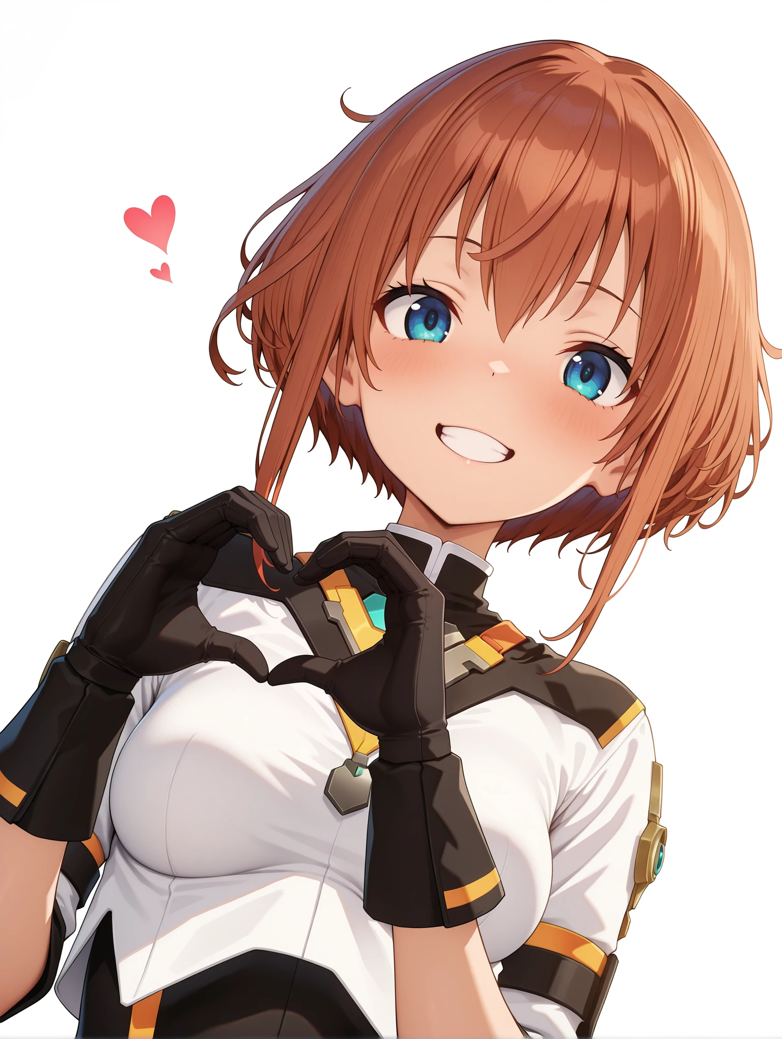 masterpiece,best quality,amazing quality,
solo,1girl,
<lora:sugumi_ilxl_v1.2:1>,sugumi,ptarmigan,white shirt,black gloves,
<lora:Fixhands_anime_bdsqlsz_V1:1>,dynamic_angle,cinematic_angle,simple_background,white_background,face_focus,grin,light_blush,looking_at_viewer,smile,heart hands,upper_body,
