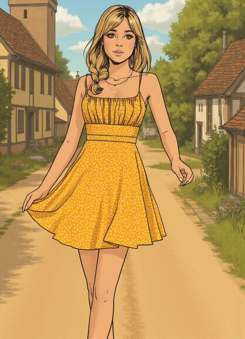 full body Comic book illustration by Fiona Staples of a young woman with white-blonde hair wearing a short yellow sundress with tiny white polka-dots, yellowsundress, bare legs, standing standing on a road in a medieval village