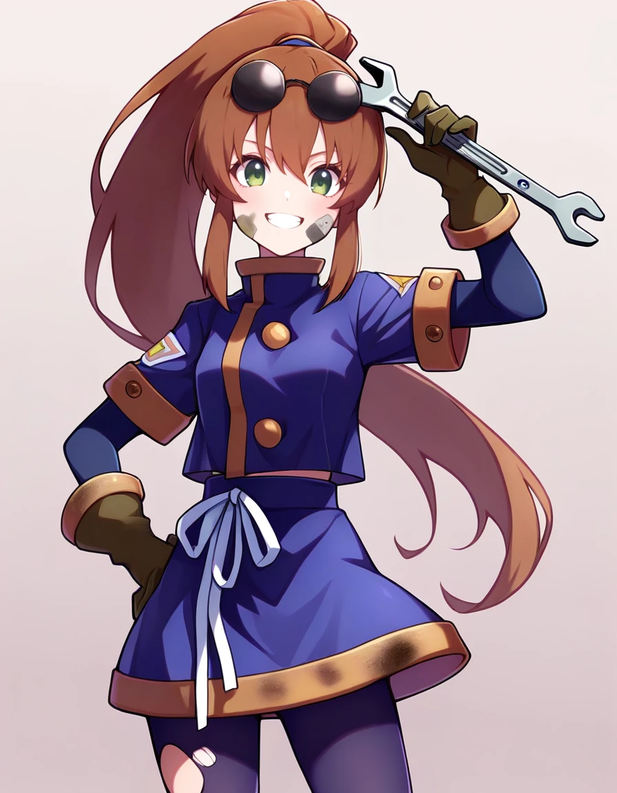 <lora:so2precis_SDXL_Illustrious_fp16_ver01:1>,so2precis,brown hair,  ponytail,blue dress,skirt,pantyhose,green eyes, gloves,eyewear on head,torn pantyhose,newest, <lora:HairintakesEraser_v01_illustrious_10steps:2>,smile,wrench,upper body, dirty face, dirty clothes, masterpiece, best quality, very aesthetic, absurdres,<lora:detailed_hands:1>,hand