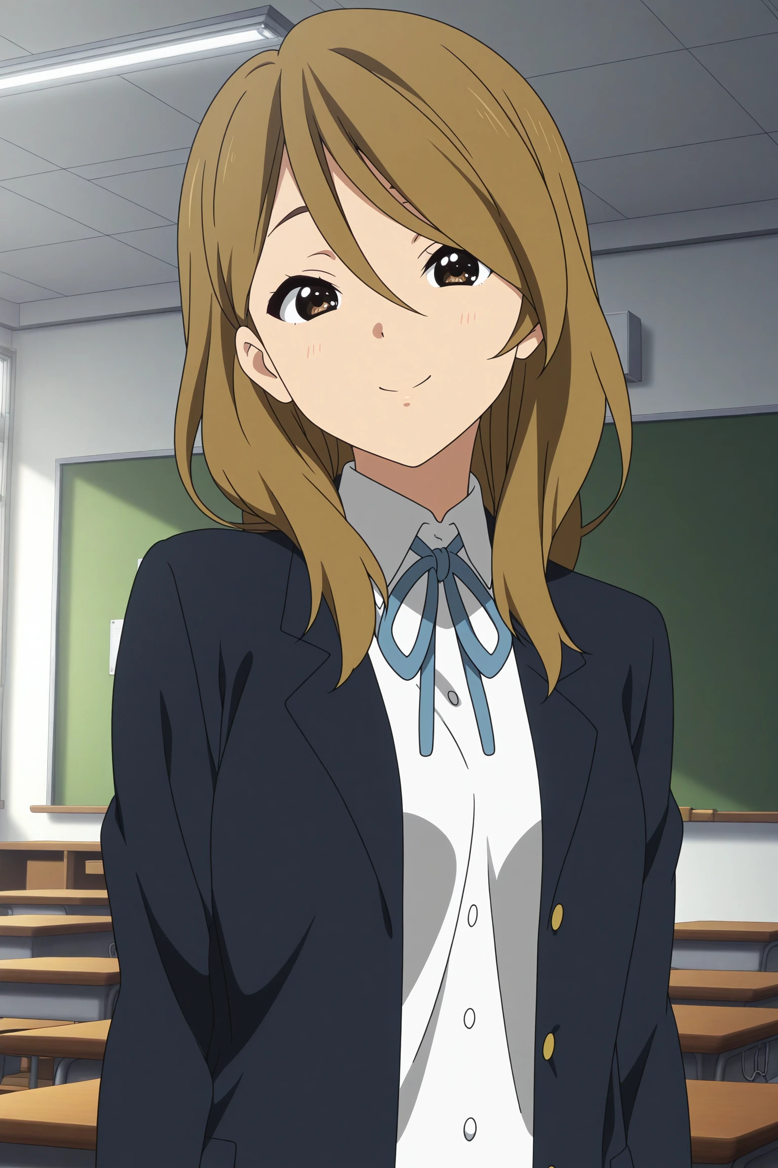 masterpiece, best quality, amazing quality, highres, absurdres, very aesthetic, high resolution, ultra detailed, perfect details, 1girl, solo, indoors, classroom, tachibana himeko, long hair, blonde hair, hair between eyes, swept bangs, black eyes, sakuragaoka high school uniform, school uniform, black jacket, white shirt, collared shirt, open jacket, untucked shirt, blue neck ribbon, grey skirt, pleated skirt, white socks, loose socks, loafers, <lora:Himeko_Tachibana_ILXL:0.8>, (aged up:1.6), (upper body:1.4), smile, anime coloring, anime screencap, (pose:1.1)