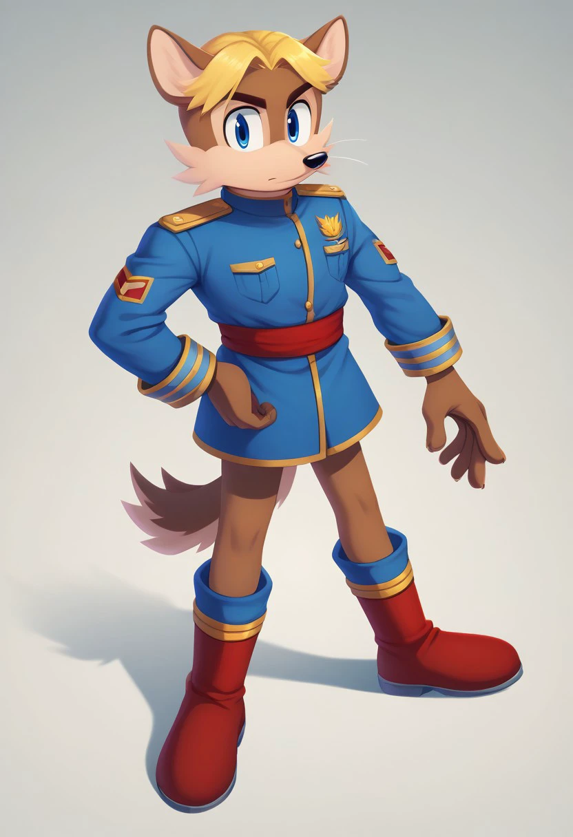 score_9, score_8_up, score_7_up, (best quality:1.1), ultra-detailed, high resolution, 8k, Antoine, furry, 1boy, brown fur, blonde hair, blue eyes, blue military uniform, red sash, red boots, ((tall, 6ft tall)), BREAK outside, Rich, Detailed background, ambient light