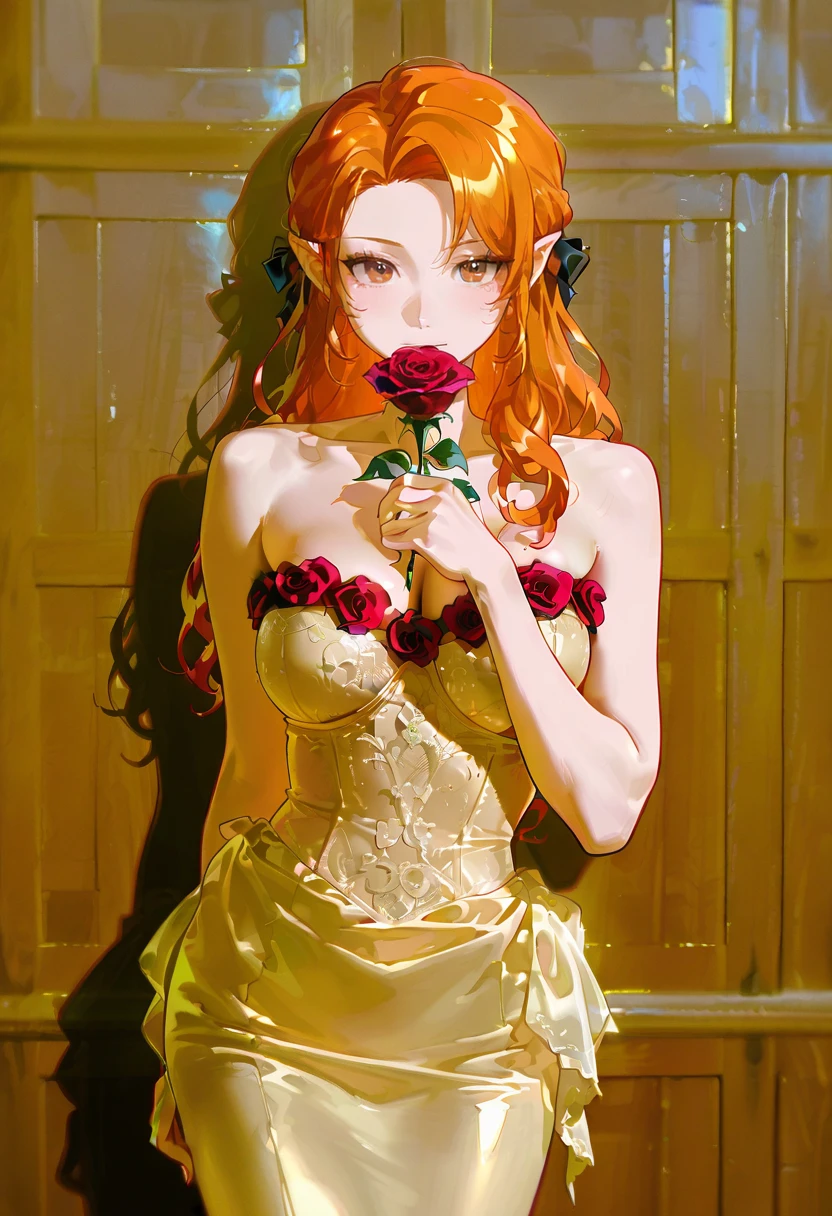 1girl,solo,looking at viewer, echo (circa), wrc dress, bare shoulders, rose, kiryu_coco