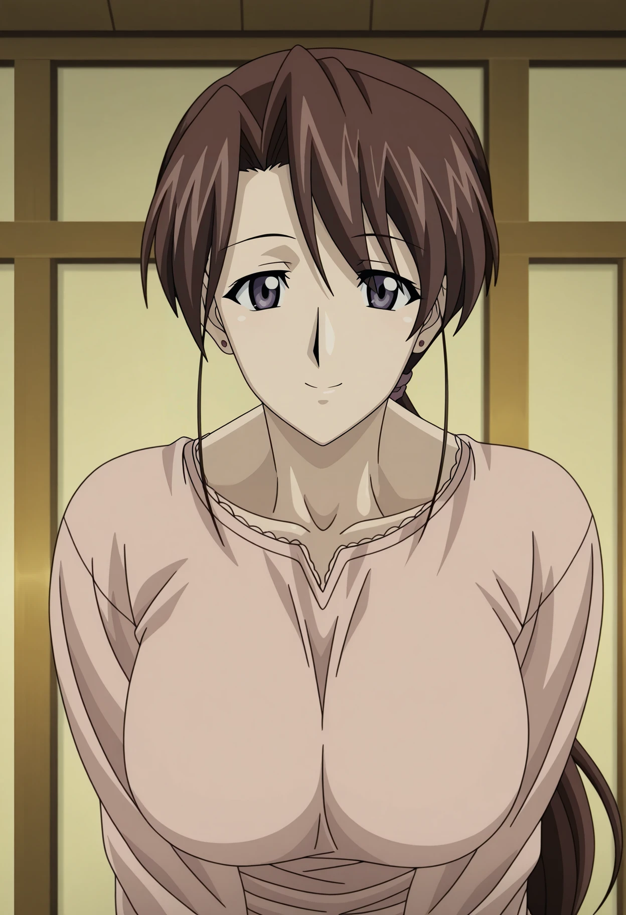 (masterpiece, best quality:1.2), highres, anime screencap, anime coloring, 1girl, solo, seductive smile, 
Mrs_Nakagami, mature female, brown hair, short hair, short ponytail, parted bangs, bangs, forehead, brown eyes, hair ornament, small breasts, makeup, lips, lipstick, necklace, earrings, jewelry, 
white jacket, formal, open jacket, no bra, cleavage, navel, collarbone, topless, bottomless, black panties, ultra detailed panties, 
sitting on chair, widely spread legs, 
indoors, wooden chair, looking at viewer,
<lora:add_detail_CyberAlchemist:0.4>, <lora:GoodHands-beta2:0.8>, <lora:MrsNakagami-000010:1>