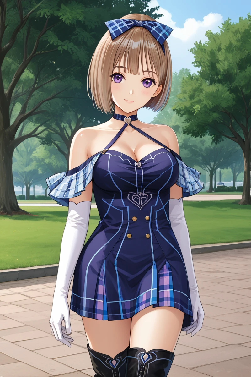 1girl, solo, breasts, looking at viewer, smile, short hair, light brown hair, thighhighs, gloves, dress, medium breasts, purple eyes, boots, Hoshizaki Ao, Reflector outfit, park, tree, park <lora:Hoshizaki_Ao_Blue_Reflection_Pony:1>, navy blue hair bow, chocker,  strap dress,  bare shoulders, off shoulder navy blue frill gown,  tartan elbow gloves, sexy poses, white gloves, cleavage, cowboy shot,