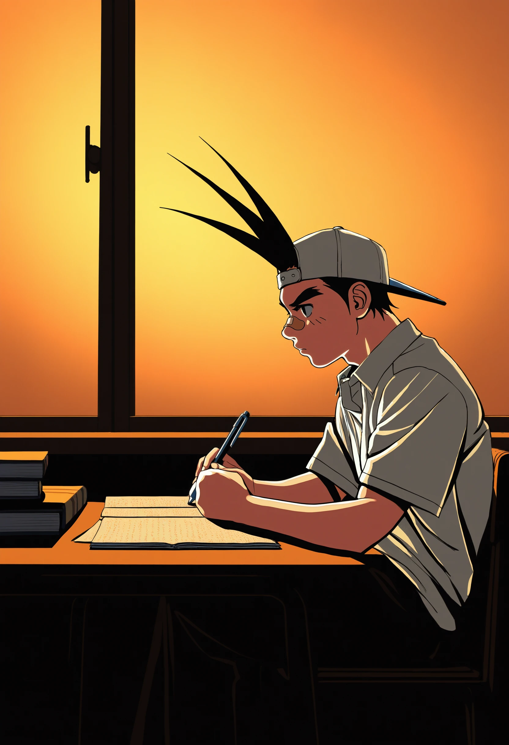 masterpiece, best quality, newest, absurdres, highres, very awa, 1boy, male, male focus, sawamura shouma, hair through headwear, backwards hat, bandaid on nose, white shirt, collared shirt, sitting, chair, table, studying, book, pen,  library, bored, light rays, late afternoon, sunset, detailed background, scenery, vintage atmosphere, noir style, soft rim lighting, high contrast, sepia tones, contemplative expression, traditional ink drawing